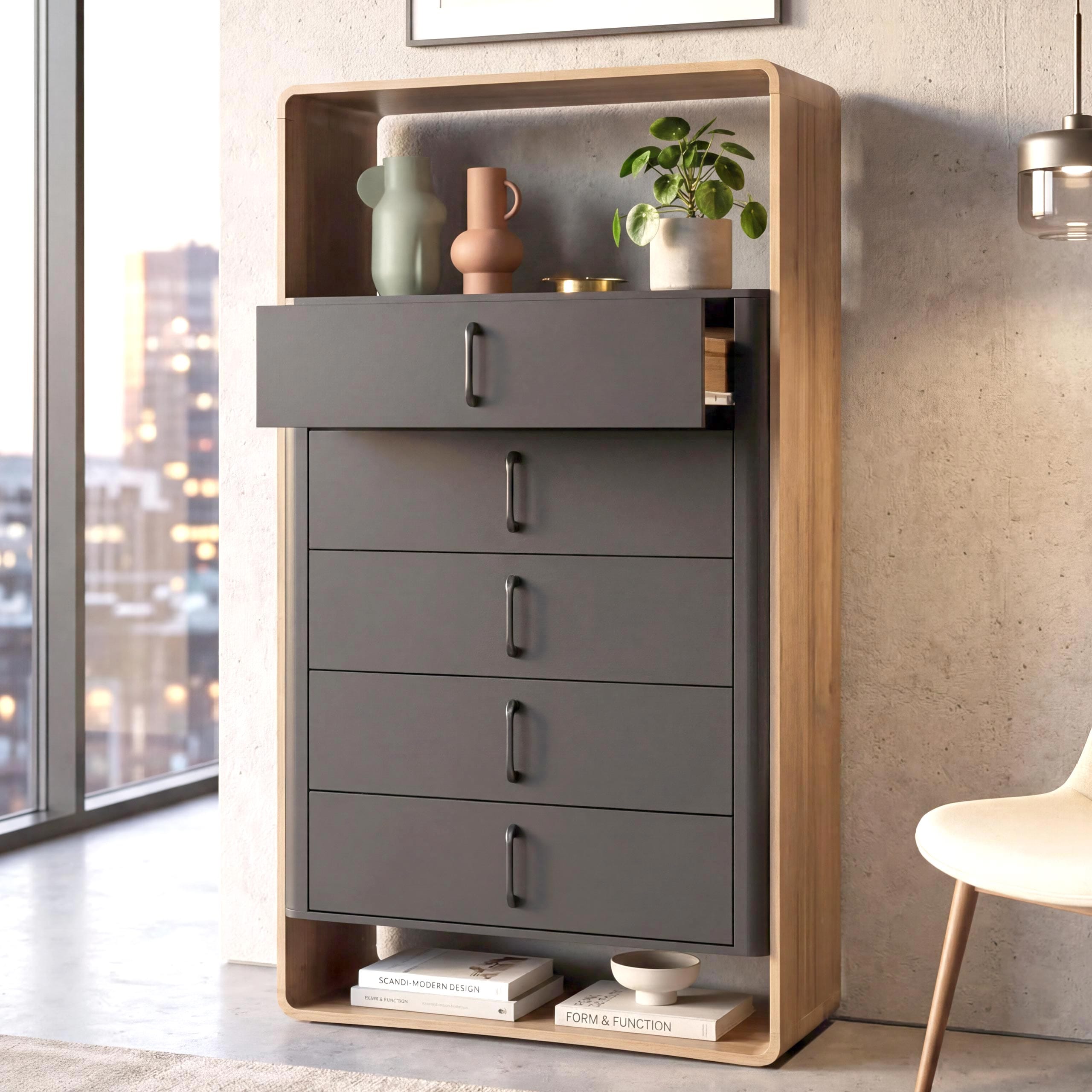 Highboard MCW-P43, Hochschrank Sideboard Kommode, 5 Schubladen MDF 155x80x41cm ~ Rivera-Eiche-Optik, dunkelgrau 