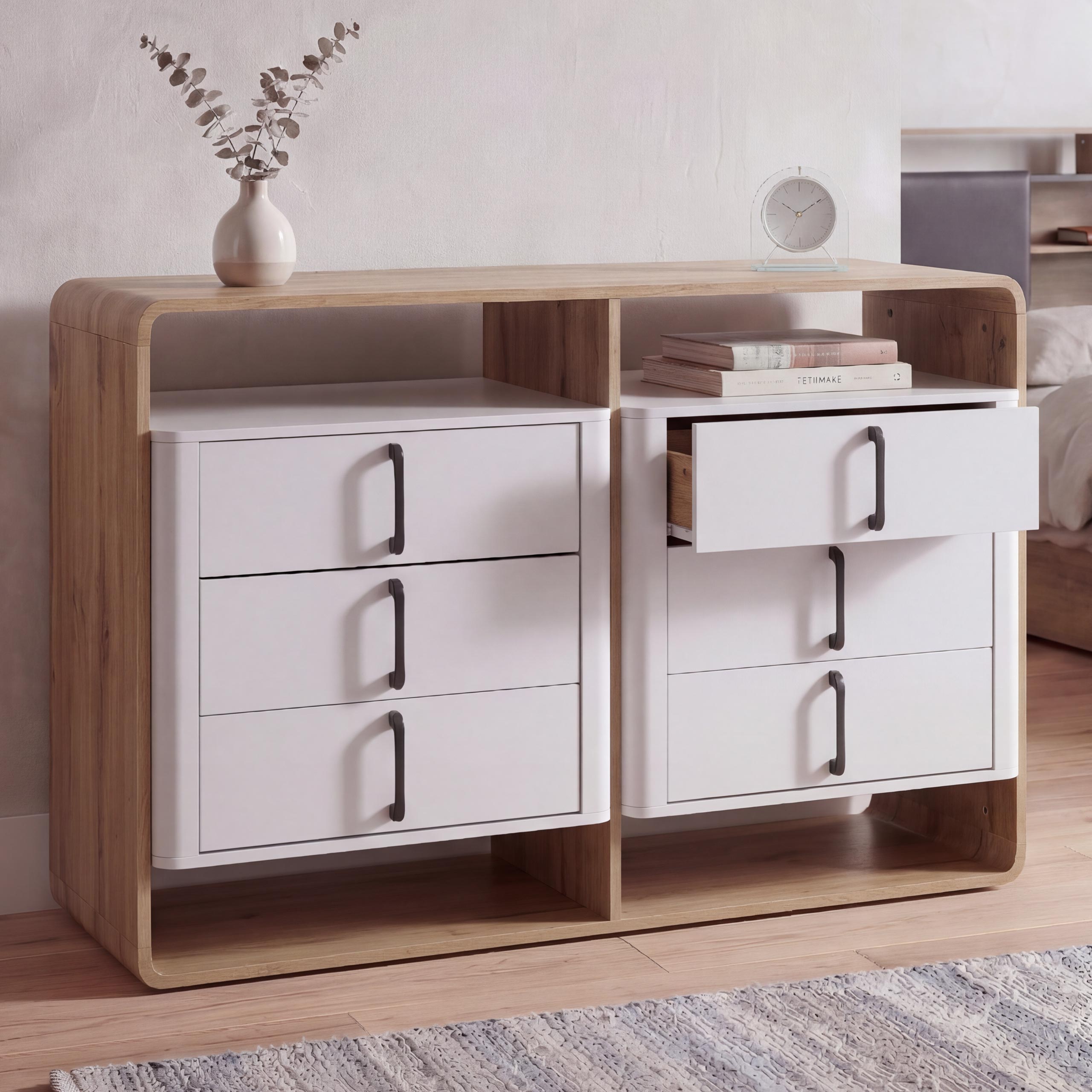 Kommode MCW-P43, Schrank Sideboard Highboard, 6 Schubladen MDF 80x120x42cm ~ Wotan-Eiche-Optik, wei&szlig; 