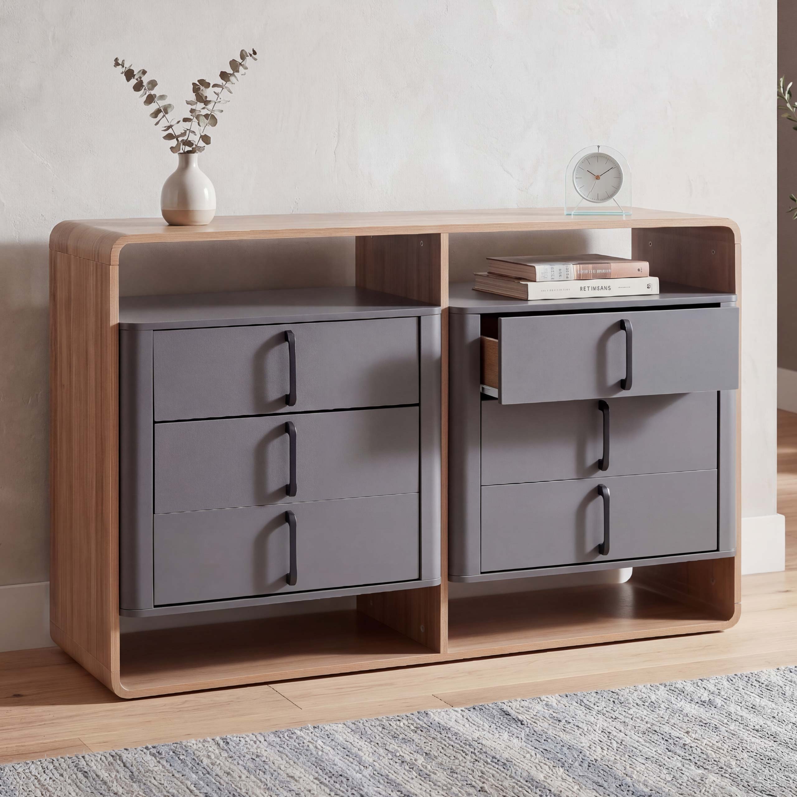 Kommode MCW-P43, Schrank Sideboard Highboard, 6 Schubladen MDF 80x120x42cm ~ Rivera-Eiche-Optik, dunkelgrau 