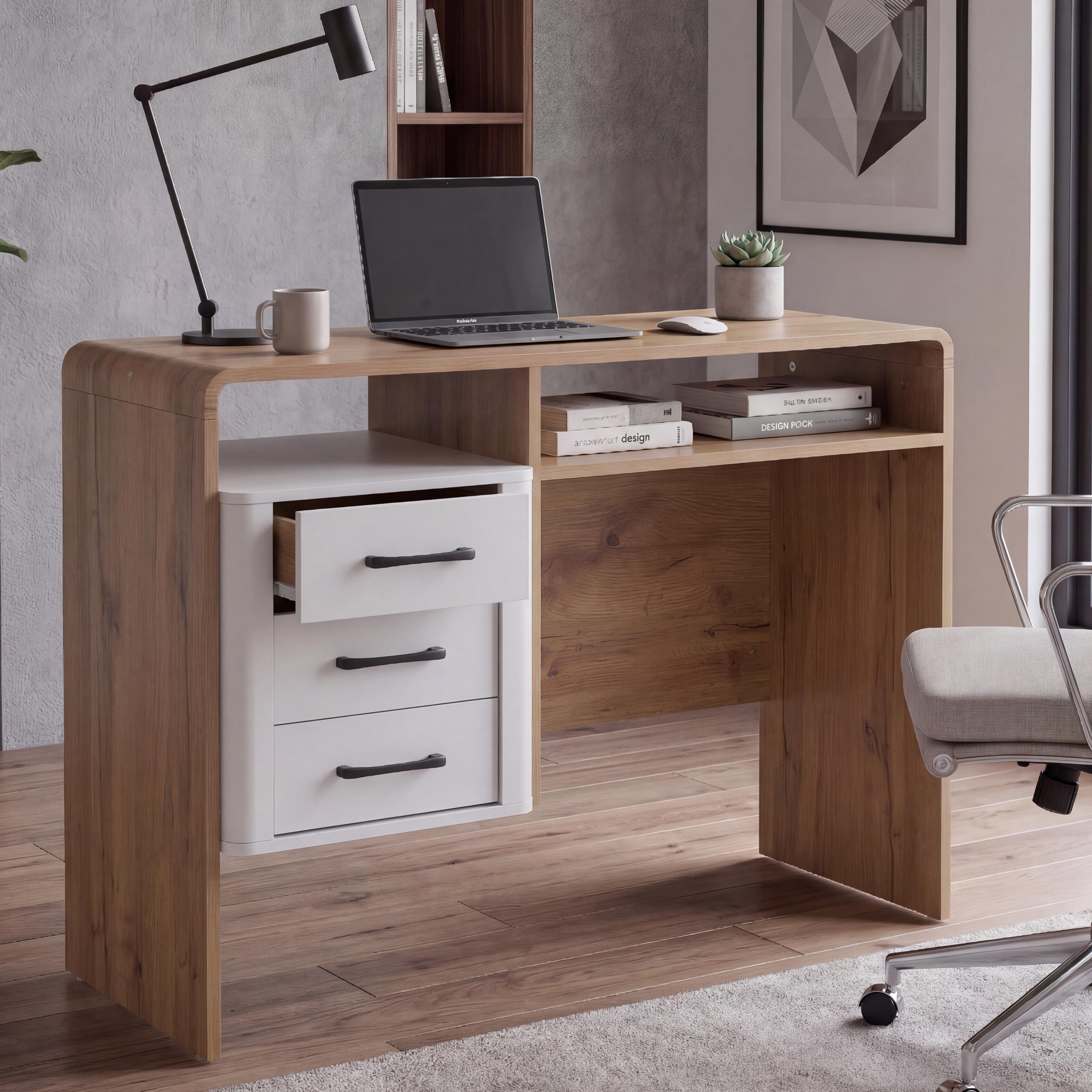 Schreibtisch MCW-P43, B&uuml;rotisch Computertisch, 3 Schubladen MDF 75x100x40cm ~ Wotan-Eiche-Optik, wei&szlig; 