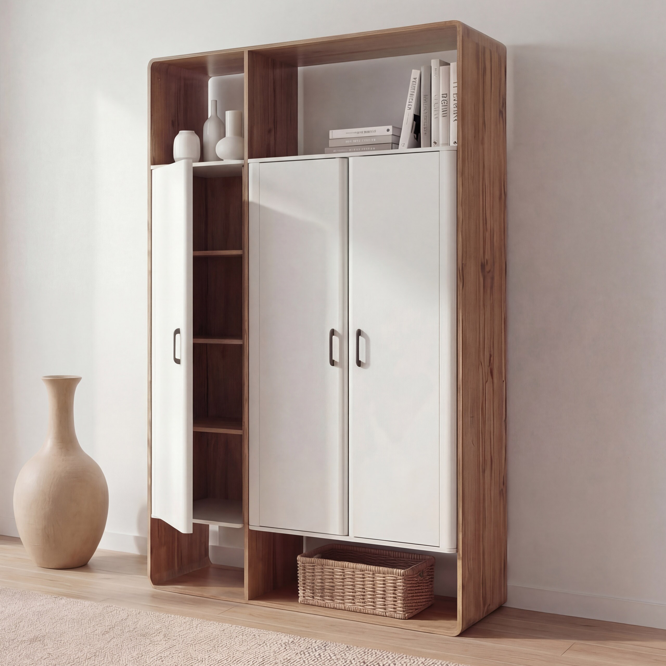 Schrank MCW-P43, Garderobenschrank Kleiderschrank Highboard 3 T&uuml;ren MDF 200x120x55cm ~ Wotan-Eiche-Optik, wei&szlig; 