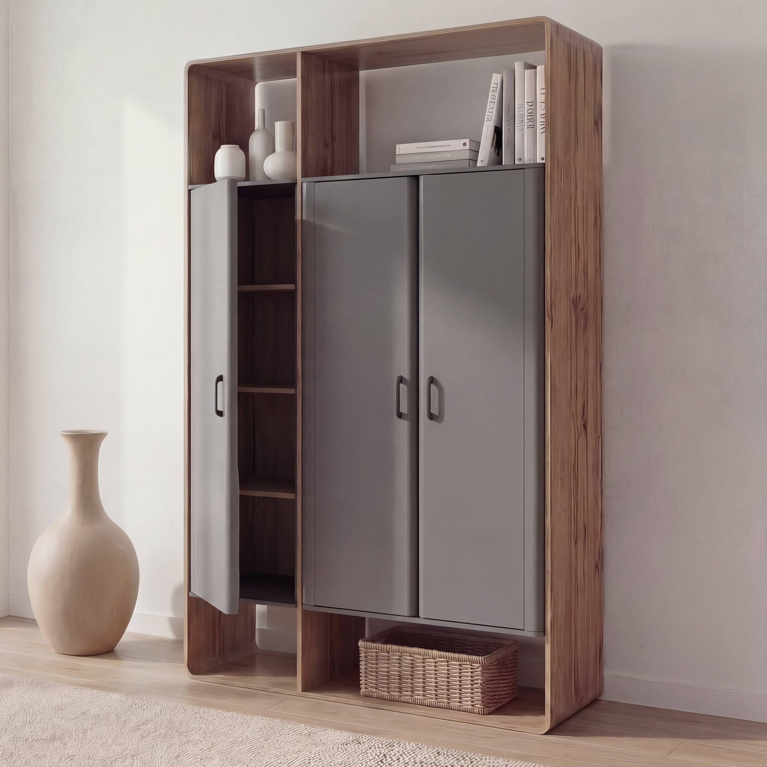 Schrank MCW-P43, Garderobenschrank Kleiderschrank Highboard 3 T&uuml;ren MDF&nbsp;200x120x55cm ~ Rivera-Eiche-Optik, dunkelgrau 