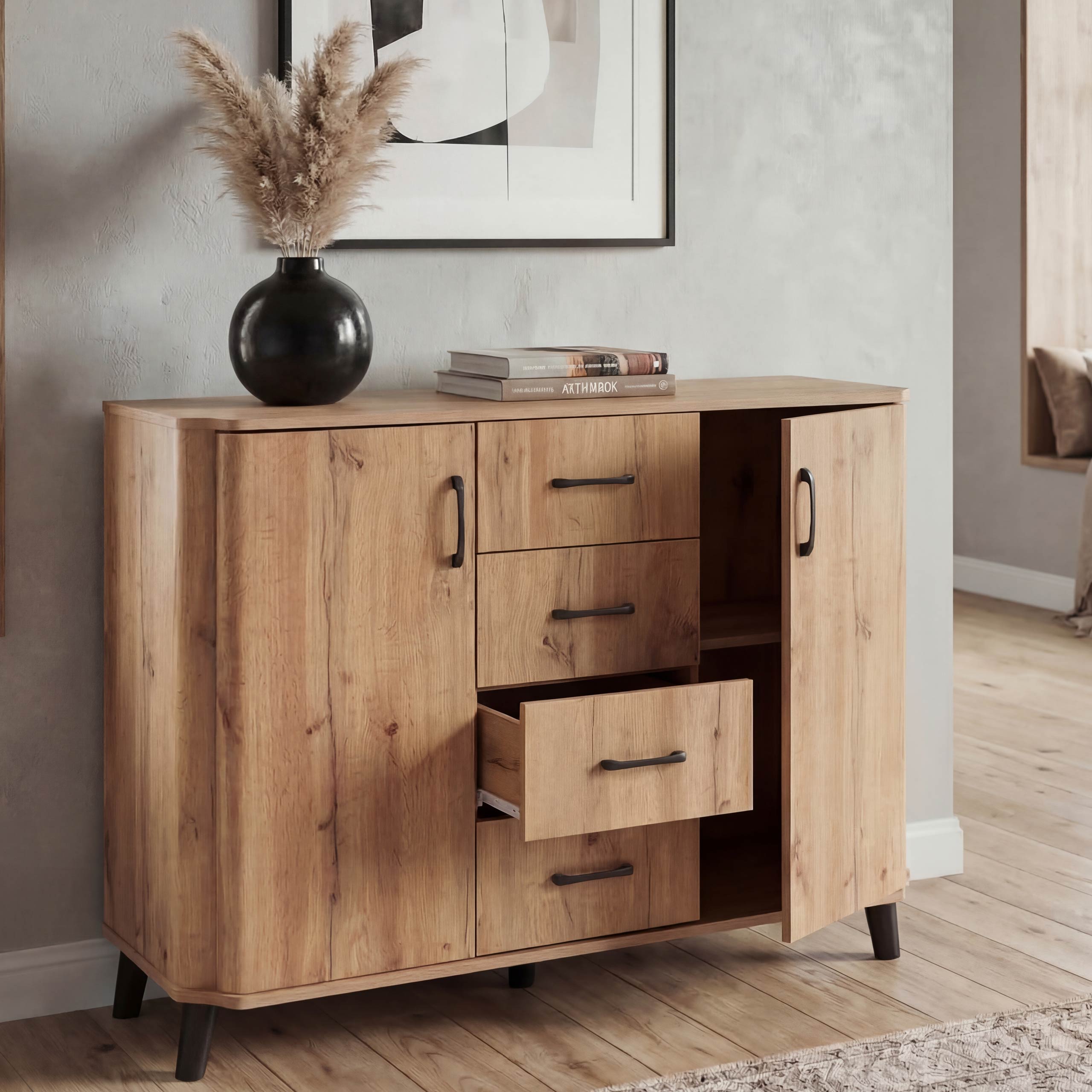 Kommode MCW-P42, Sideboard Schrank Anrichte, 4 Schubladen Stauf&auml;cher 2 T&uuml;ren, MDF 92x120x40cm ~ Wotan-Eiche-Optik 