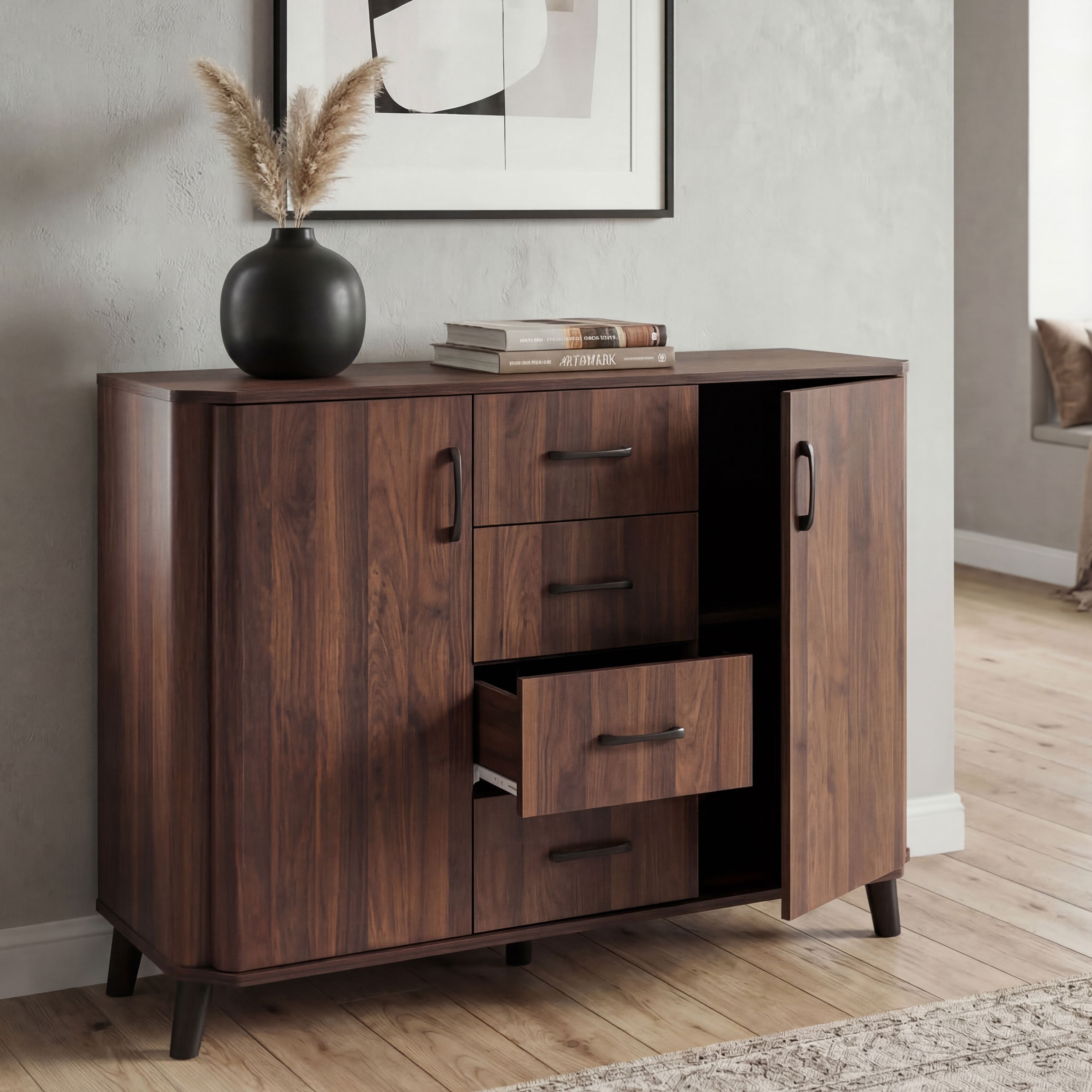 Kommode MCW-P42, Sideboard Schrank Anrichte, 4 Schubladen Stauf&auml;cher 2 T&uuml;ren, MDF 92x120x40cm ~ Walnuss-Optik 