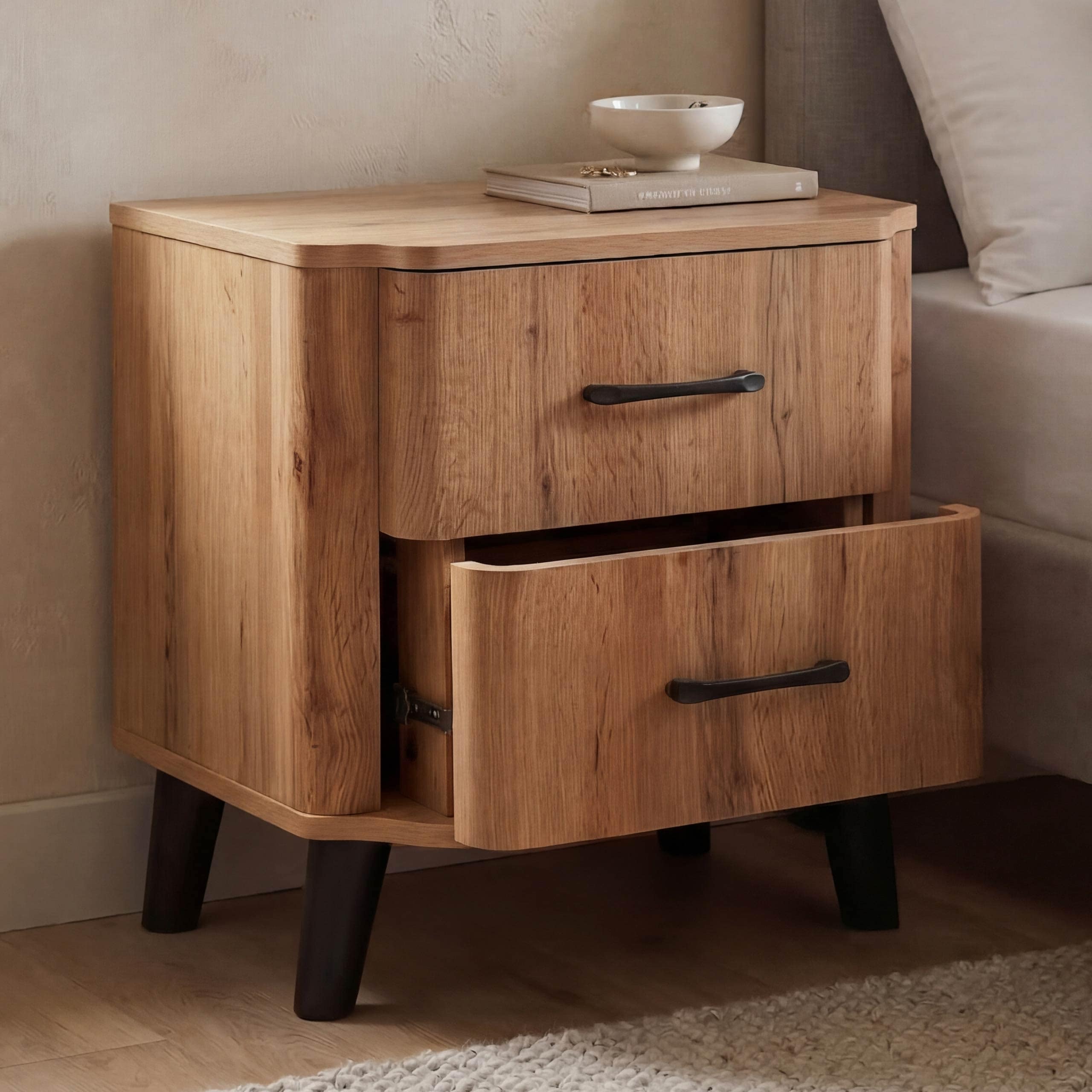 Nachttisch MCW-P42, Nachtkasten Nachtschrank Nachtkommode, 2 Schubladen MDF 50x48x40cm ~ Wotan-Eiche-Optik 