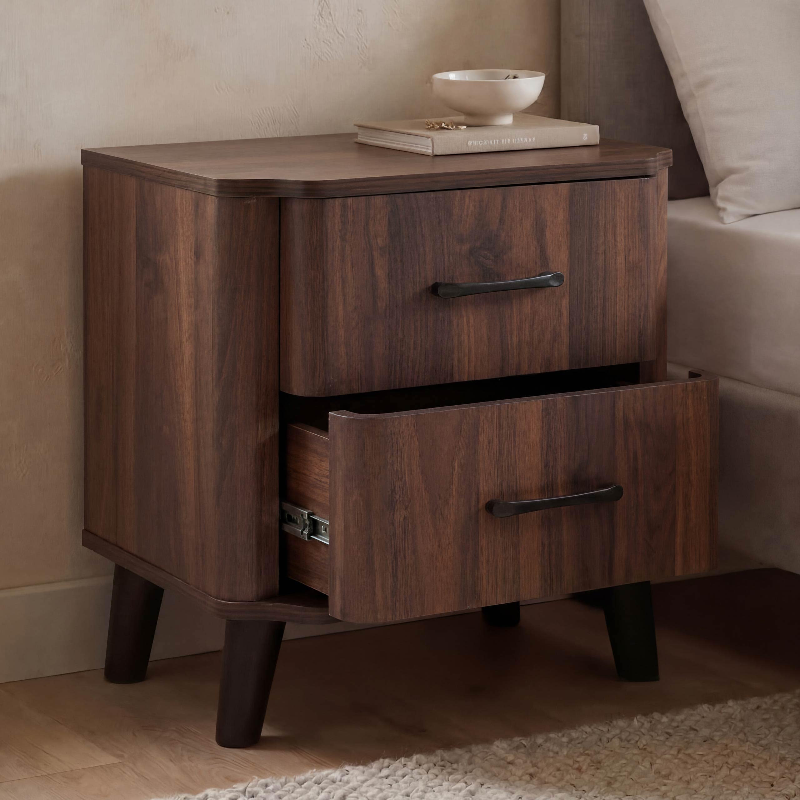 Nachttisch MCW-P42, Nachtkasten Nachtschrank Nachtkommode, 2 Schubladen MDF 50x48x40cm ~ Walnuss-Optik 