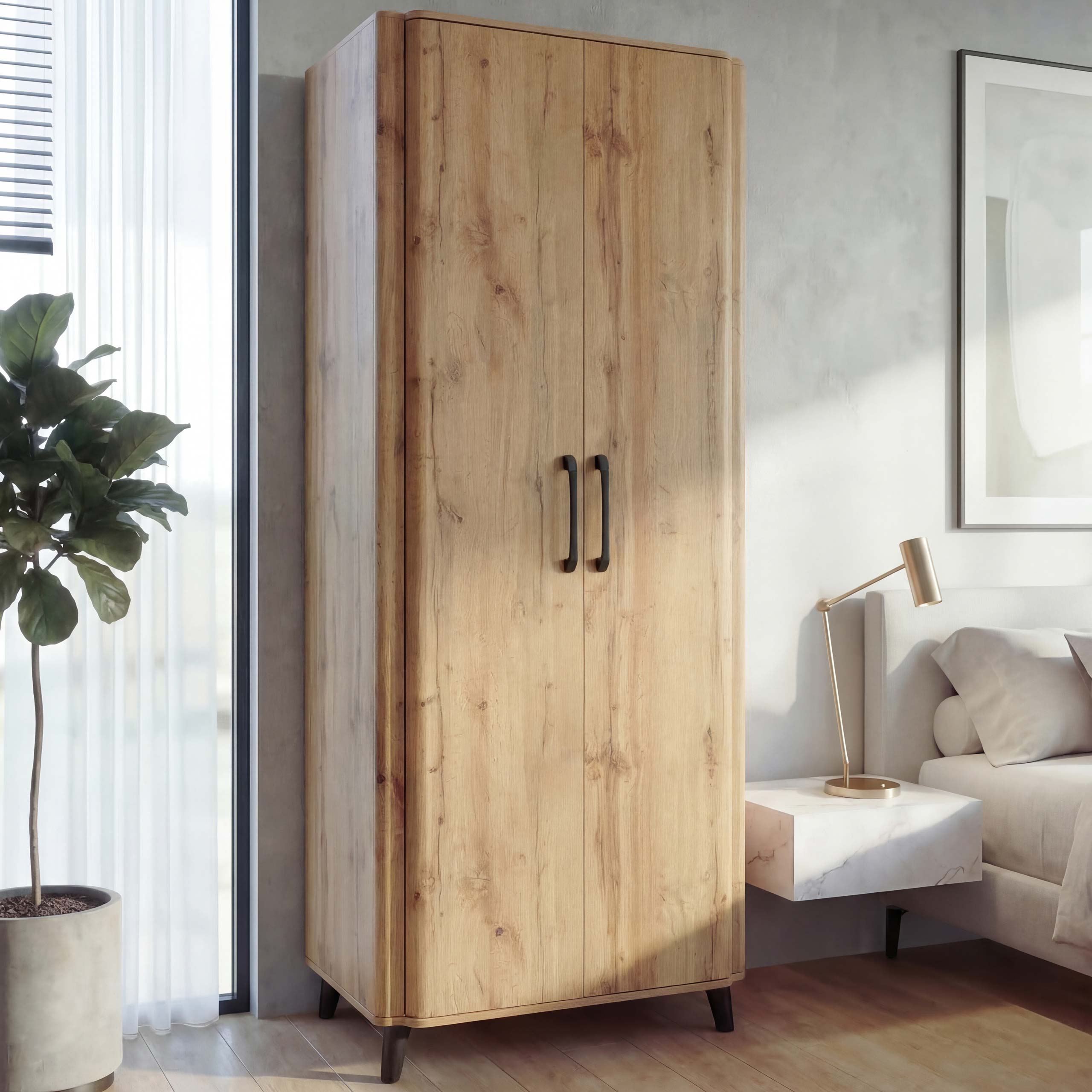Hochschrank MCW-P42, Kleider-/Garderobenschrank Kleideraufbewahrung Schrank 2 T&uuml;ren MDV&nbsp;216x80x57cm ~ Wotan-Eiche-Optik 