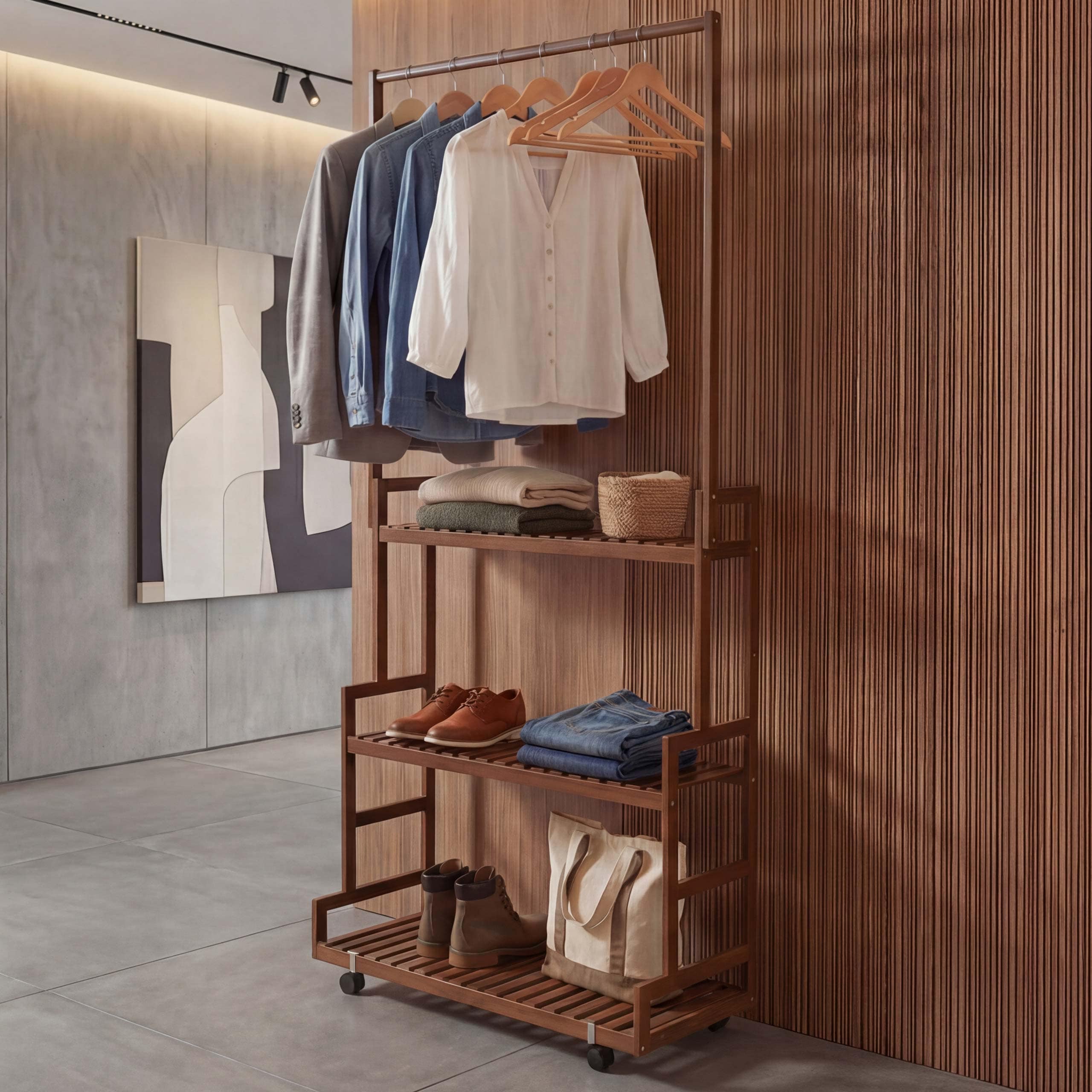 Bambus Standgarderobe MCW-Q33, Garderobenst&auml;nder Kleiderst&auml;nder Schuhregal, Stange 3 Ablagen Rollen 175x93x38cm ~ braun 
