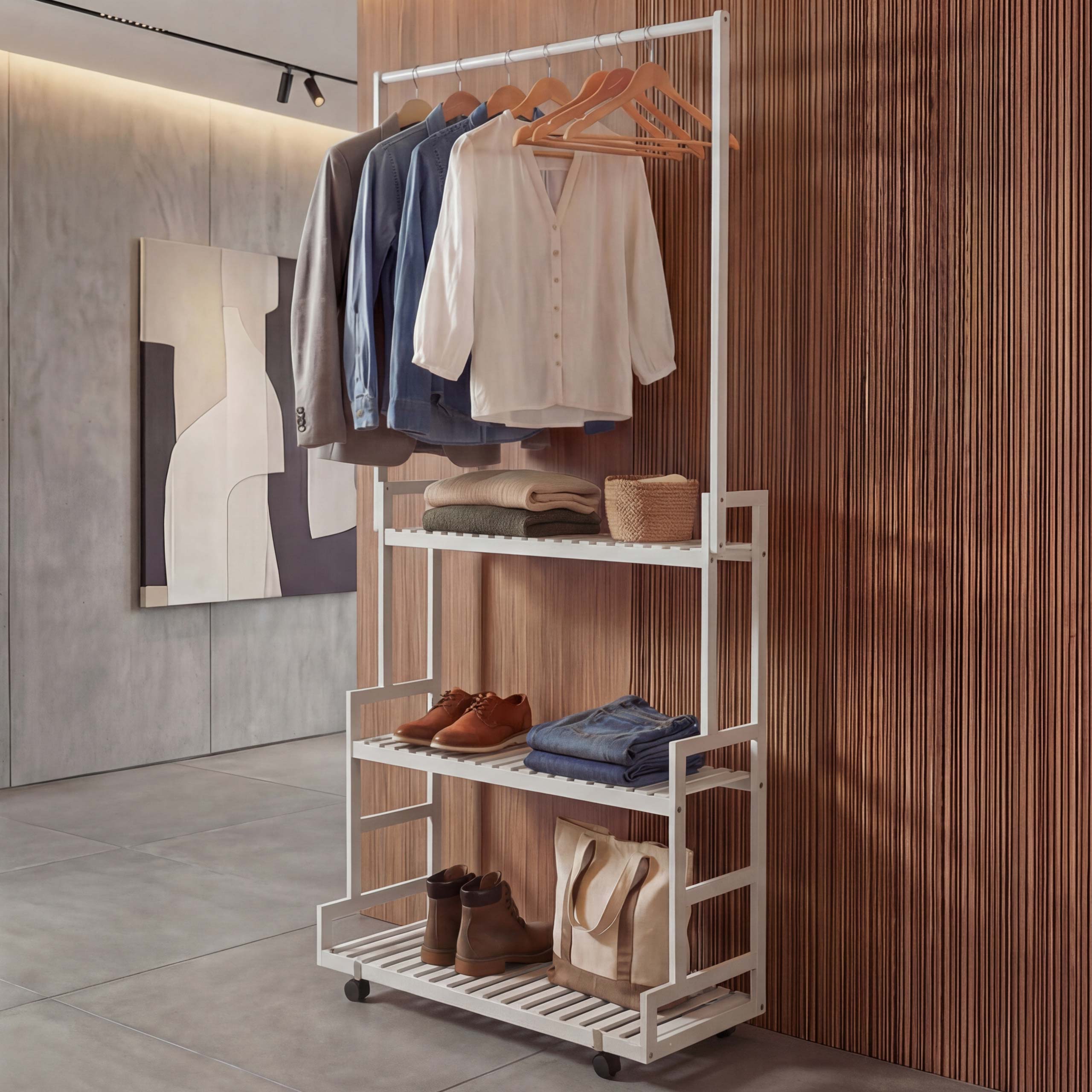 Bambus Standgarderobe MCW-Q33, Garderobenst&auml;nder Kleiderst&auml;nder Schuhregal, Stange 3 Ablagen Rollen 175x93x38cm ~ wei&szlig; 