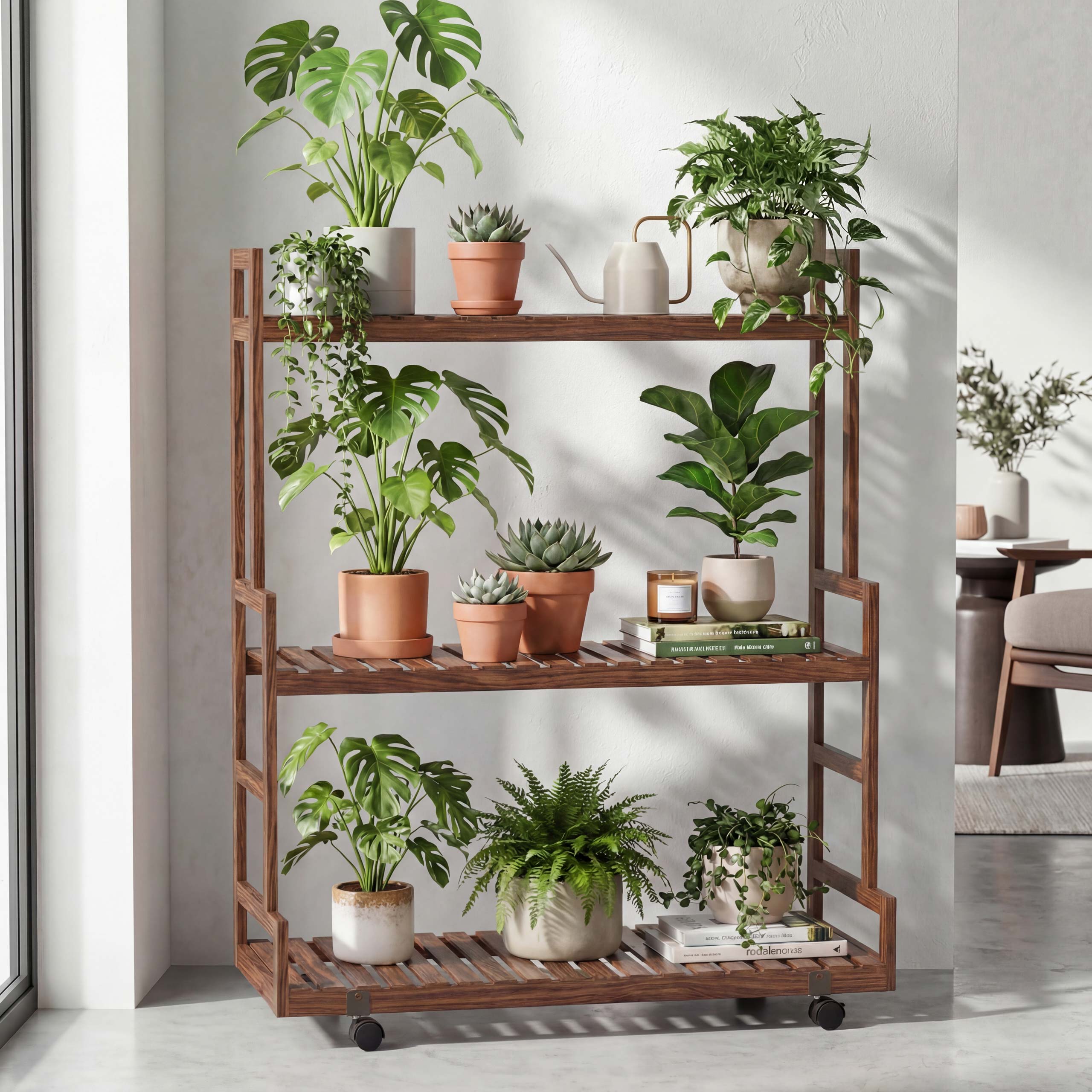 Bambus Pflanzenregal MCW-Q33, Blumentreppe Blumenst&auml;nder Pflanzentreppe, 3 Ablagen Rollen 105x90x38cm ~ braun 