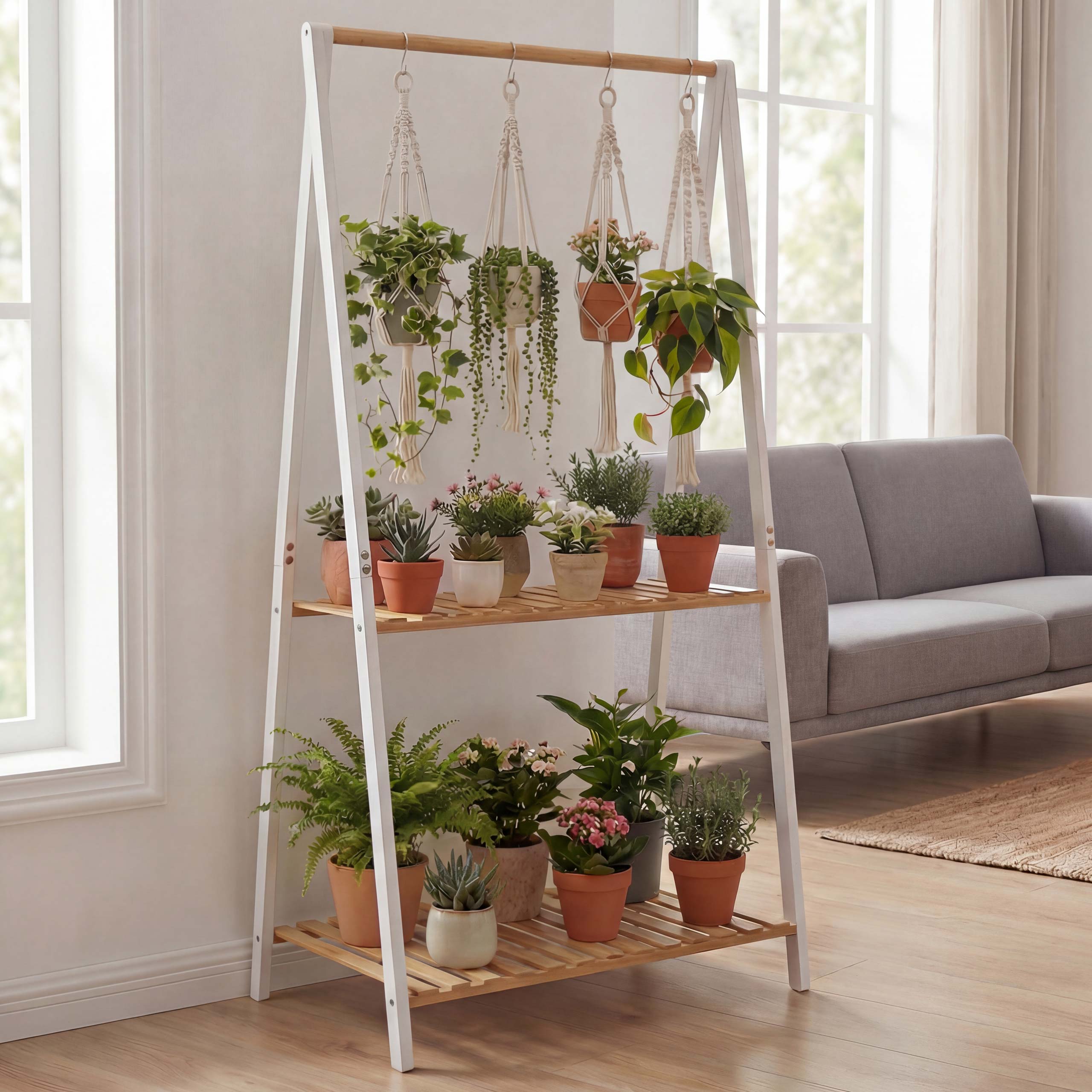 Bambus Pflanzenregal MCW-Q32, Blumentreppe Blumenst&auml;nder Pflanzentreppe, Stange 2 Ablagen 130x70x44cm ~ natur-wei&szlig; 