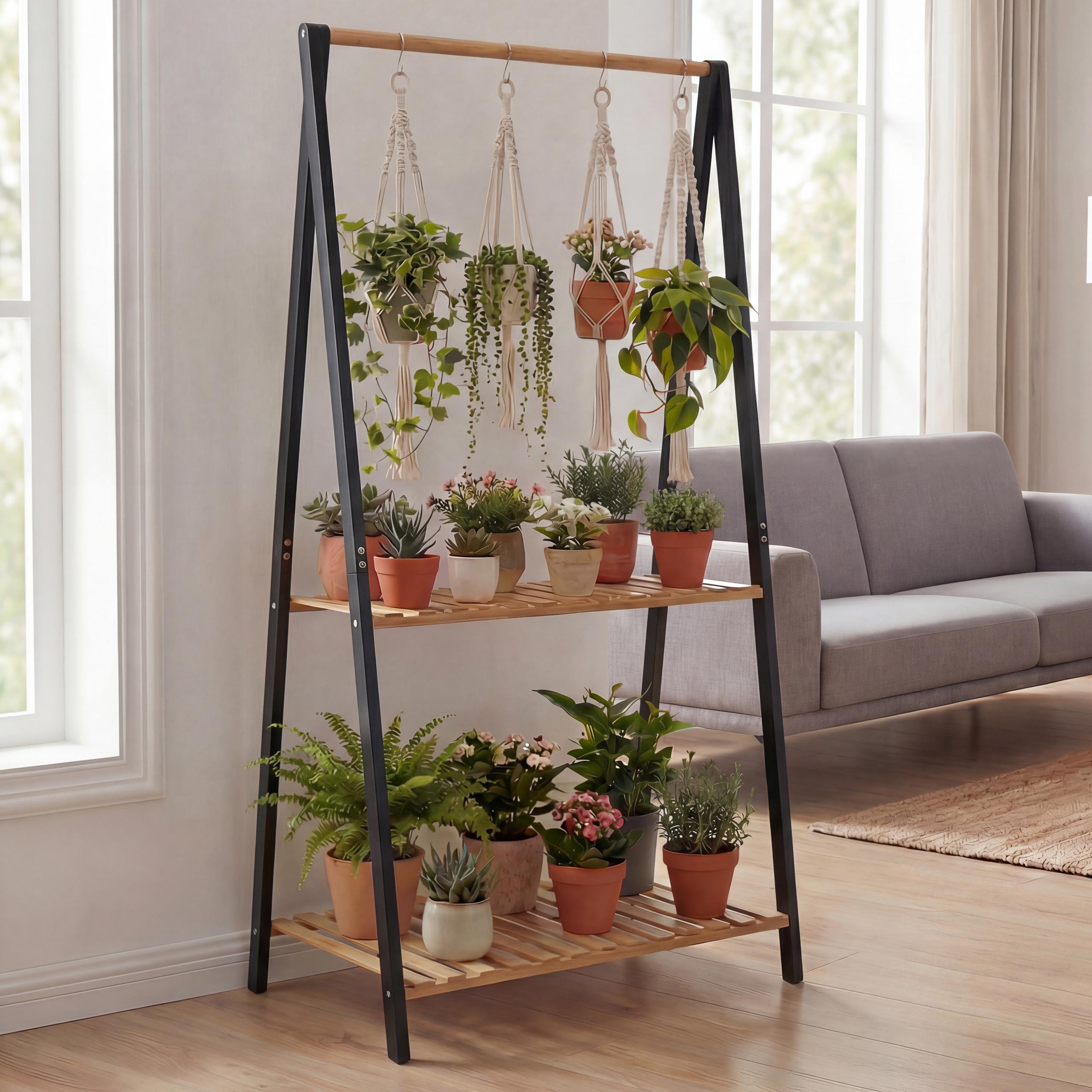 Bambus Pflanzenregal MCW-Q32, Blumentreppe Pflanzentreppe Badregal, Stange 2 Ablagen 130x70x44cm ~ natur-schwarz 