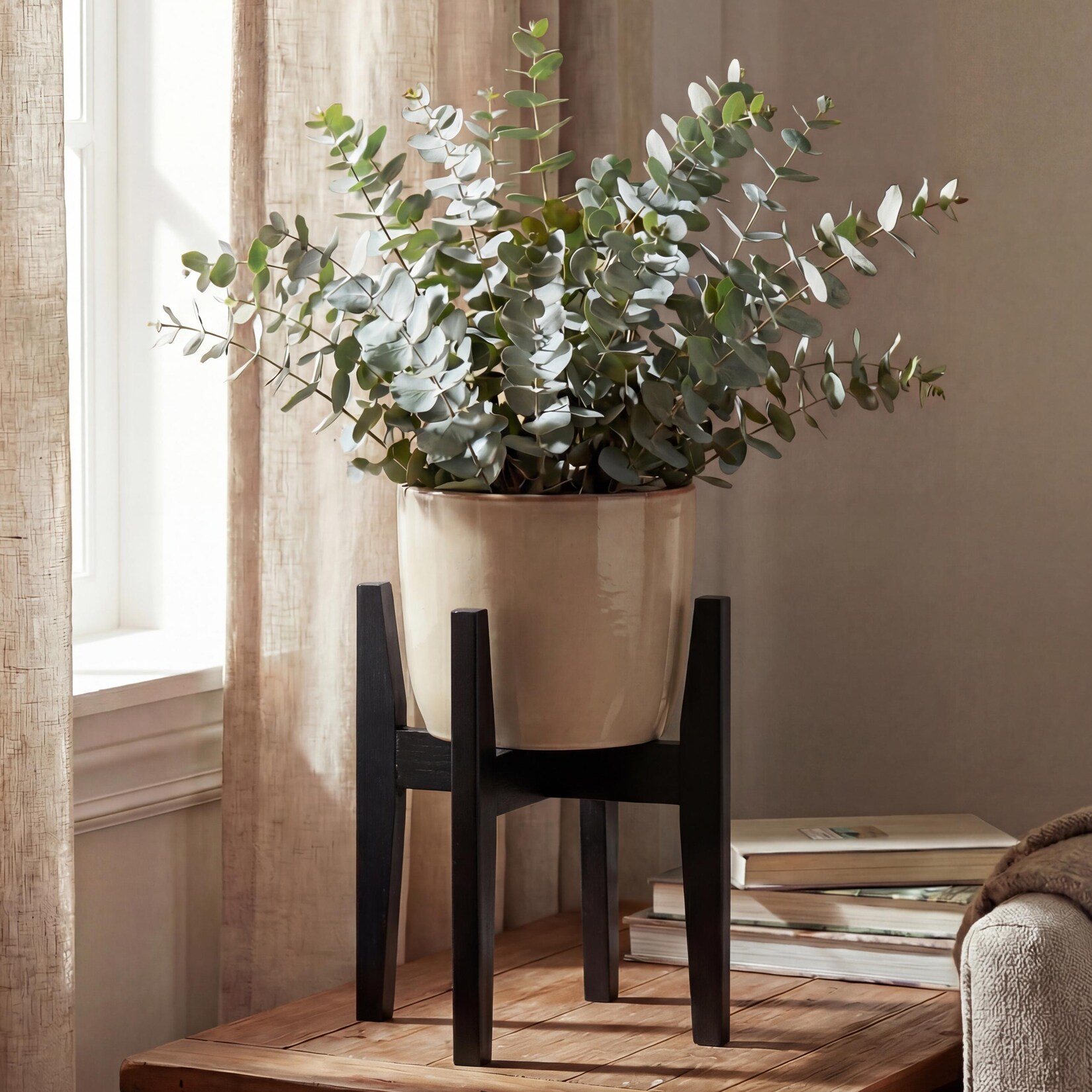 Bambus Pflanzenständer -Q31, Blumenständer Blumentopfständer Blumenhalter, verstellbar 30x27-37cm ~ schwarz