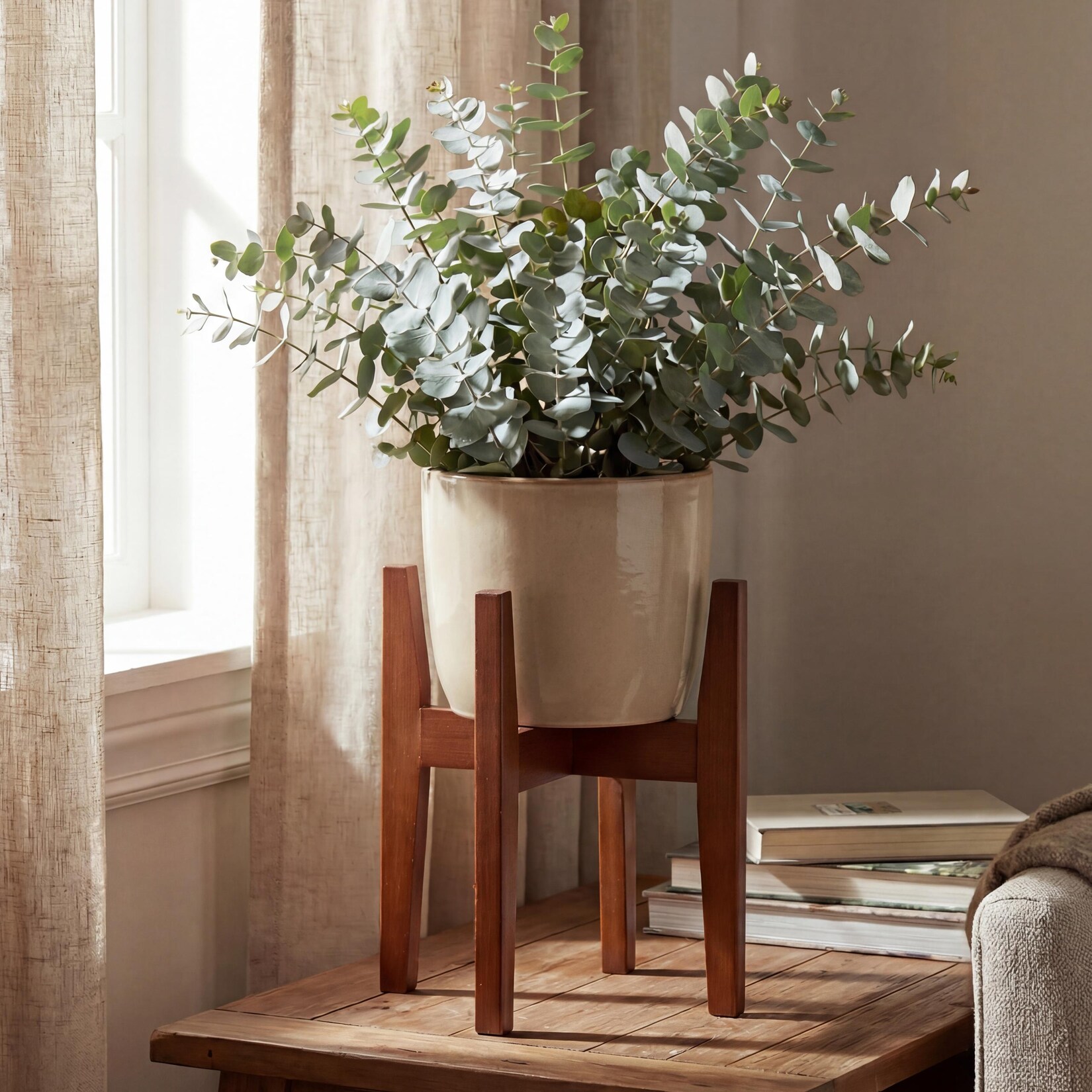 Bambus Pflanzenständer -Q31, Blumenständer Blumentopfständer Blumenhalter, verstellbar 30x27-37cm ~ braun