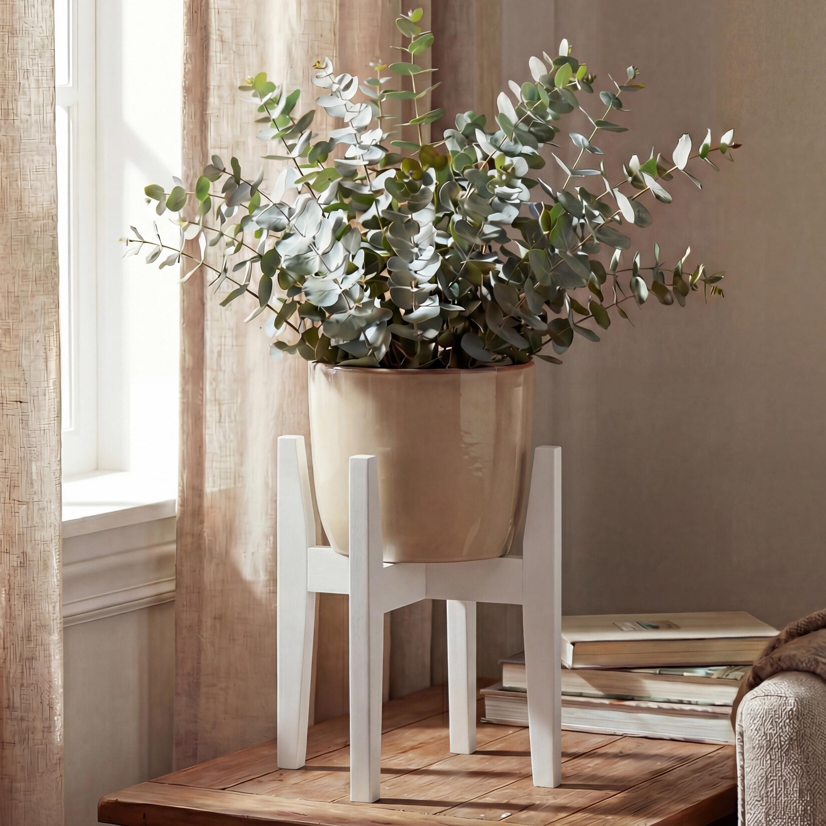 Bambus Pflanzenständer -Q31, Blumenständer Blumentopfständer Blumenhalter, verstellbar 30x27-37cm ~ weiß