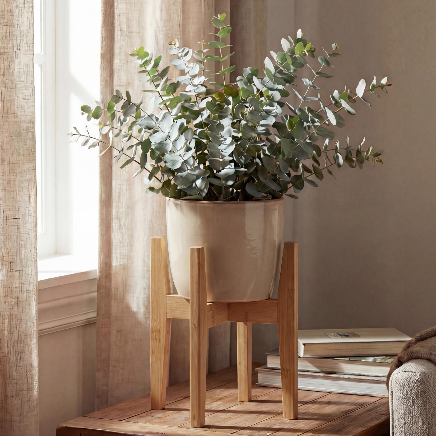 Bambus Pflanzenständer -Q31, Blumenständer Blumentopfständer Blumenhalter, verstellbar 30x27-37cm ~ natur