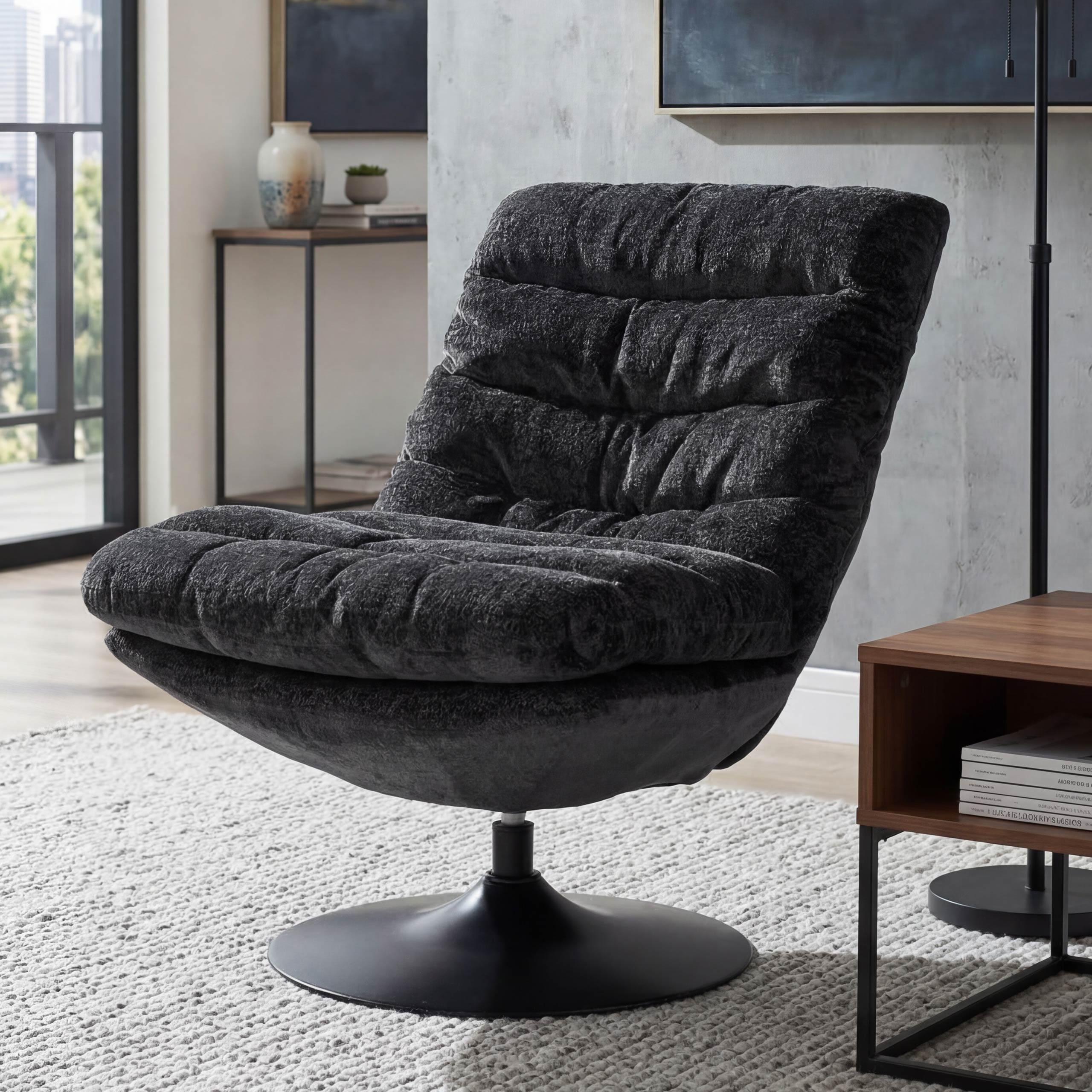 Loungesessel MCW-Q29, Cocktail-/Polster-/Relaxsessel Sessel drehbar Stoff Chenille (470g/m&sup2;) &Ouml;ko-Tex Stahl ~ dunkelgrau 