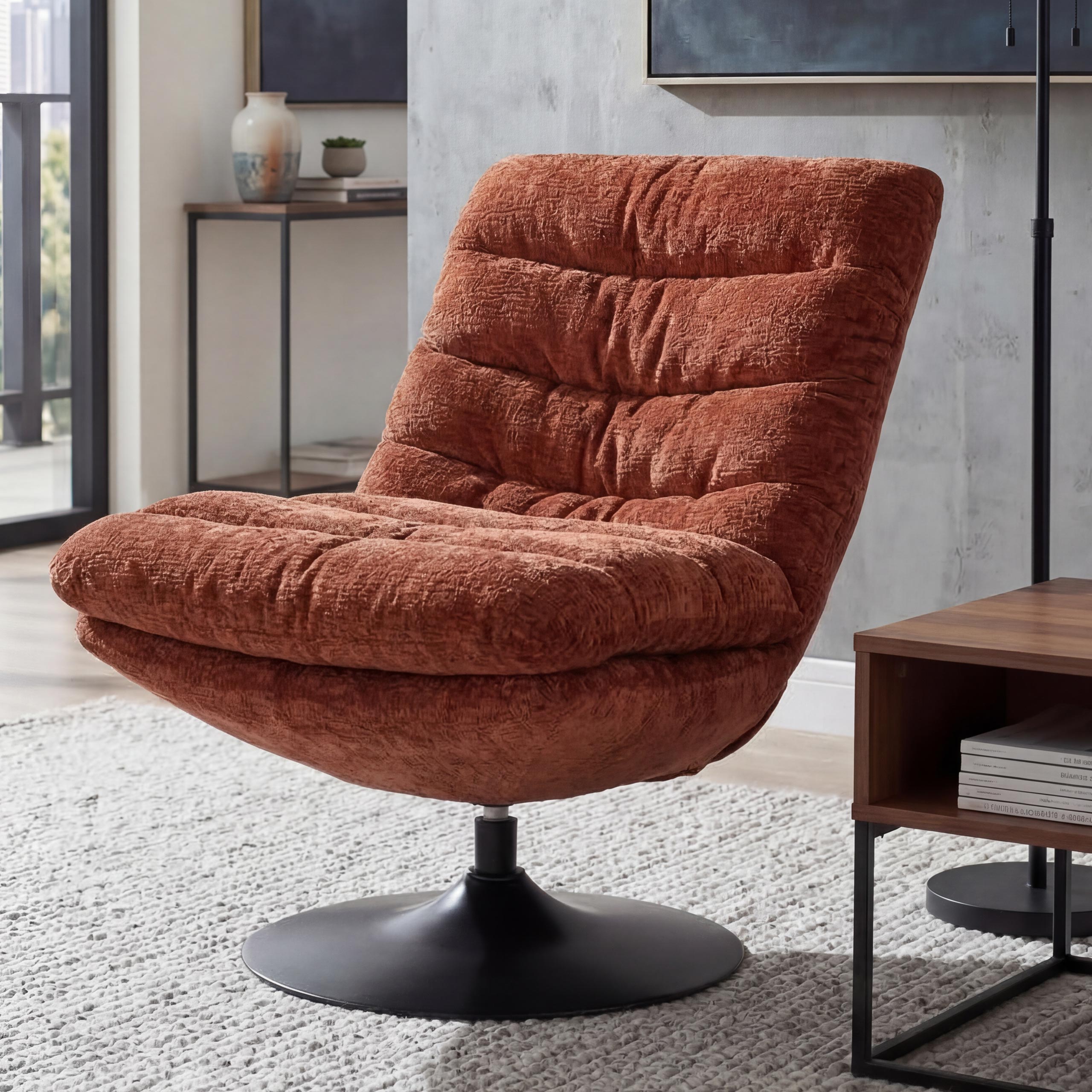 Loungesessel MCW-Q29, Cocktail-/Polster-/Relaxsessel Sessel drehbar Stoff Chenille (470g/m&sup2;) &Ouml;ko-Tex Stahl ~ terrakotta 
