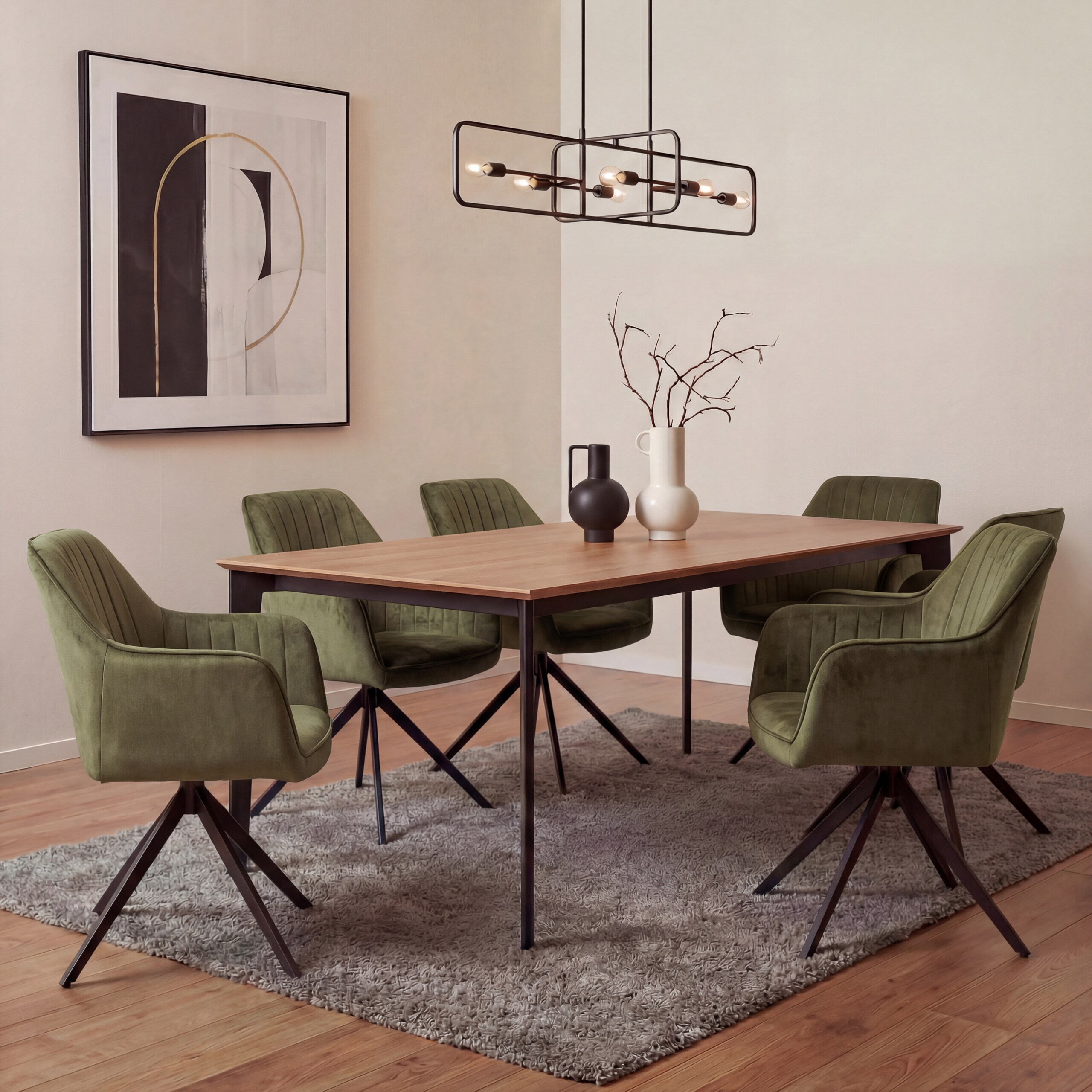 6er-Set Esszimmerstuhl MCW-L79, K&uuml;chenstuhl Armlehne drehbar Auto-Return Samt 440g/m&sup2; ~ Wildleder-Optik olivgr&uuml;n 