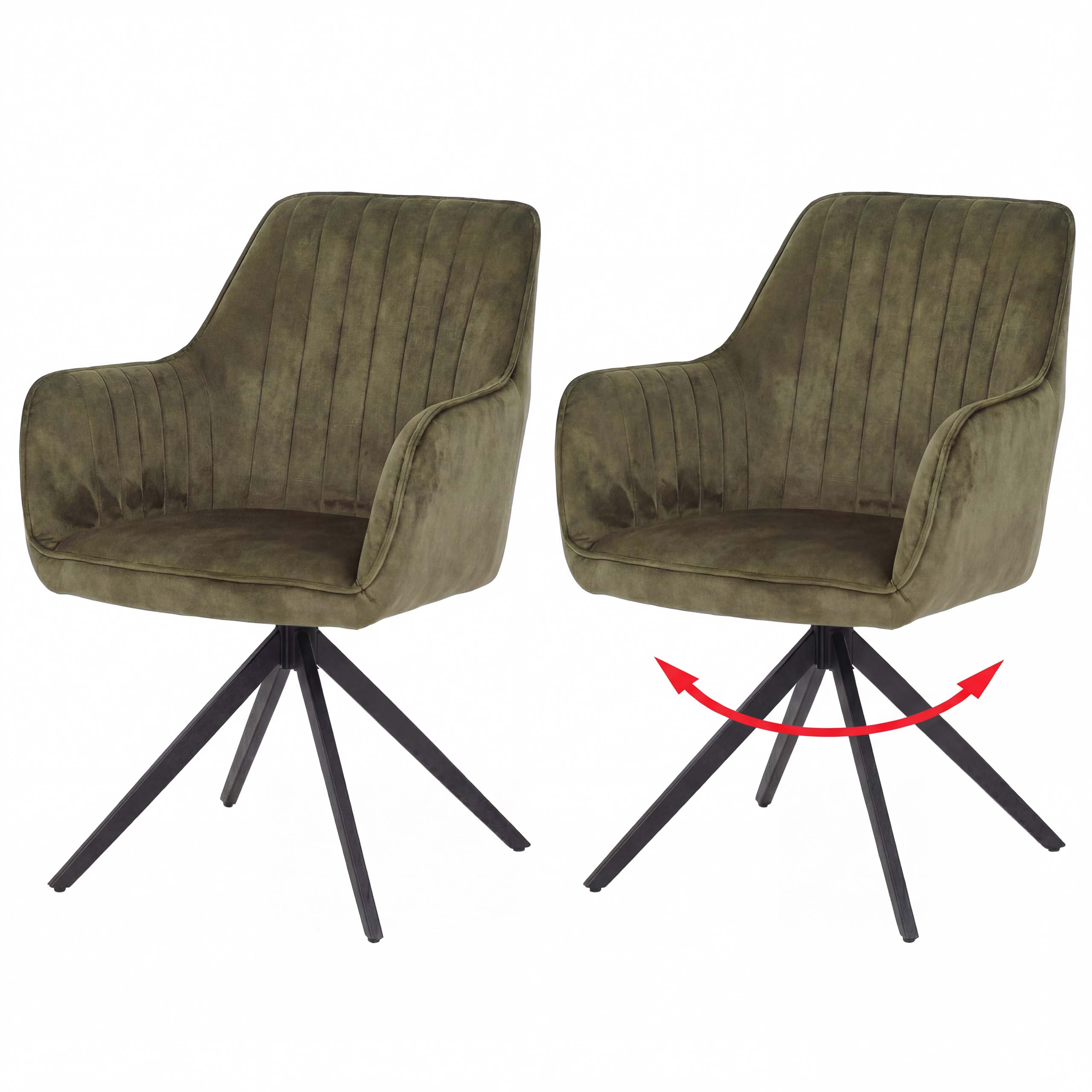 2er-Set Esszimmerstuhl MCW-L79, K&uuml;chenstuhl Armlehne drehbar Auto-Return Samt 440g/m&sup2; ~ Wildleder-Optik olivgr&uuml;n 