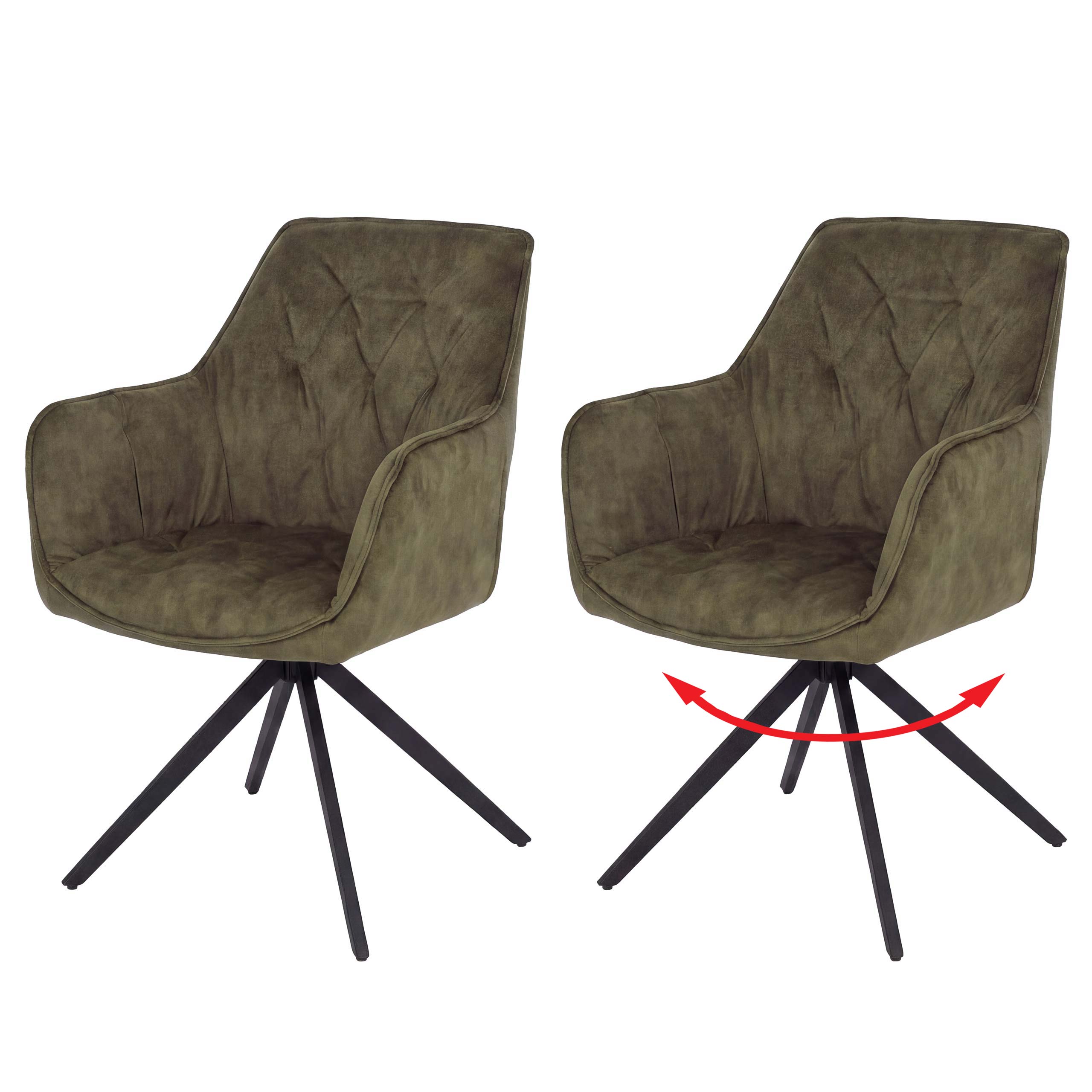 2er-Set Esszimmerstuhl MCW-L80, K&uuml;chenstuhl Armlehne drehbar Auto-Return Samt 440g/m&sup2; ~ Wildleder-Optik olivgr&uuml;n 