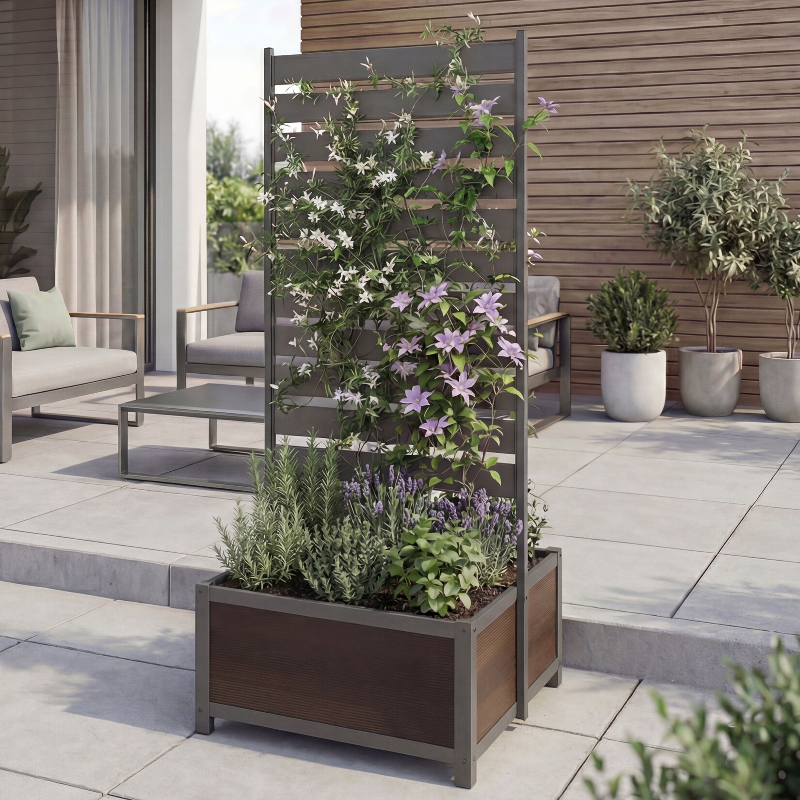 Aluminium Beet mit Rankgitter -P97, Blumenkasten Pflanzkübel Spalier, 110x60x75cm ~ grau