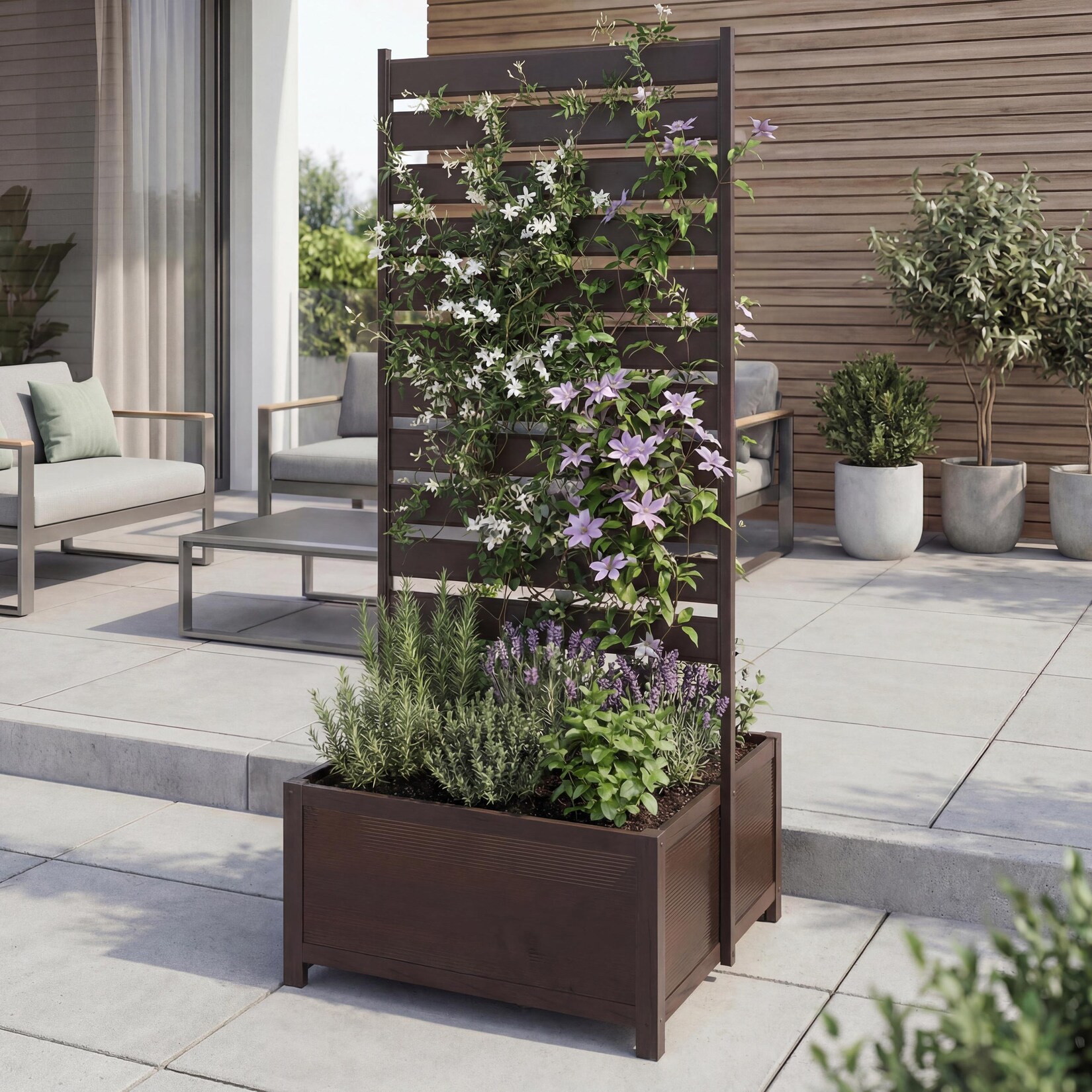 Aluminium Beet mit Rankgitter -P97, Blumenkasten Pflanzkübel Spalier, 110x60x75cm ~ dunkelbraun