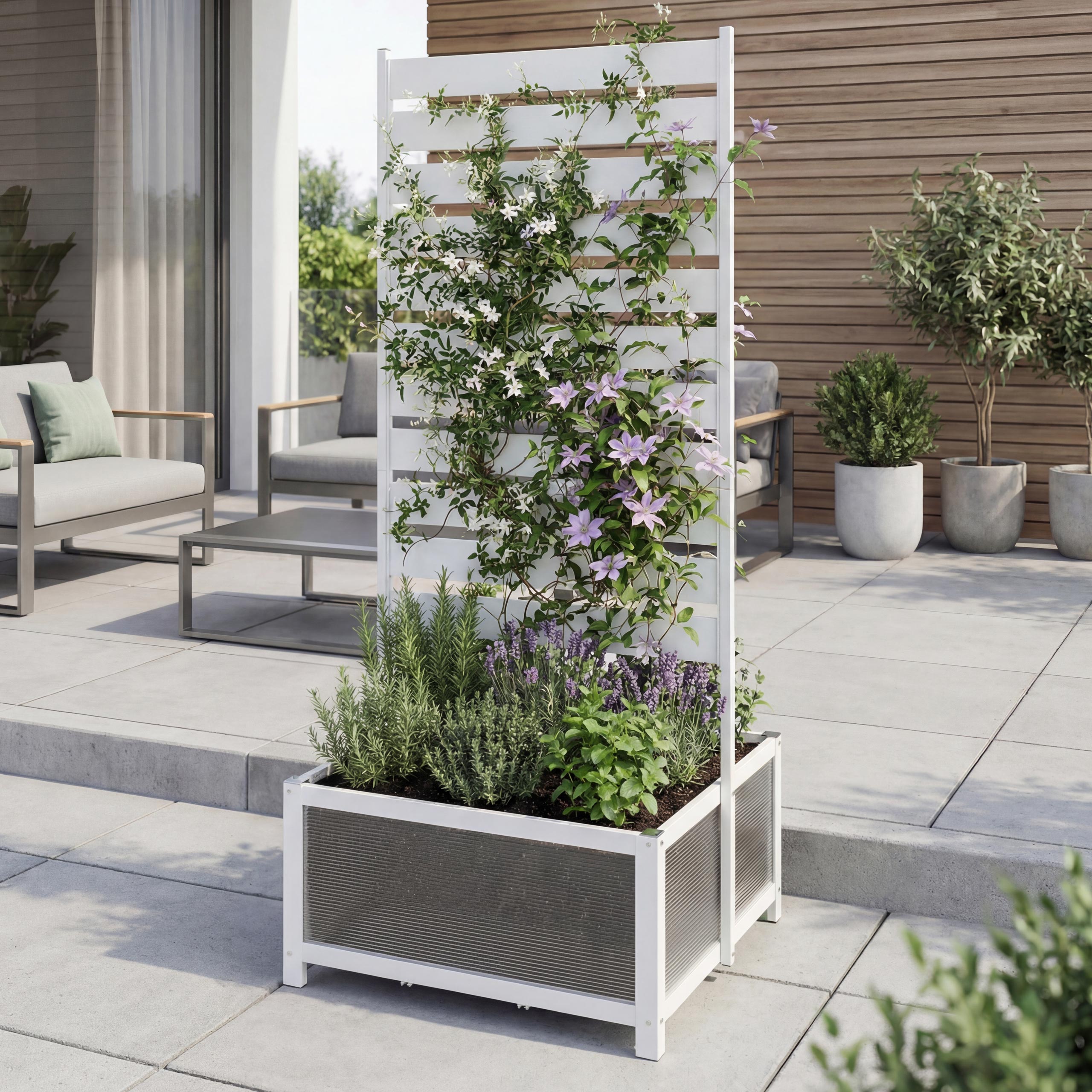 Aluminium Beet mit Rankgitter MCW-P97, Blumenkasten Pflanzk&uuml;bel Spalier, 110x60x75cm ~ wei&szlig; 