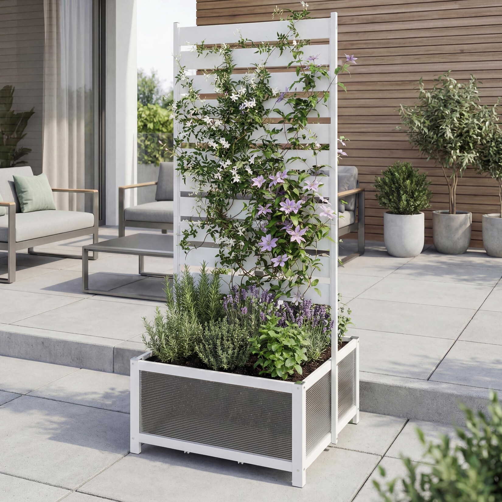 Aluminium Beet mit Rankgitter -P97, Blumenkasten Pflanzkübel Spalier, 110x60x75cm ~ weiß