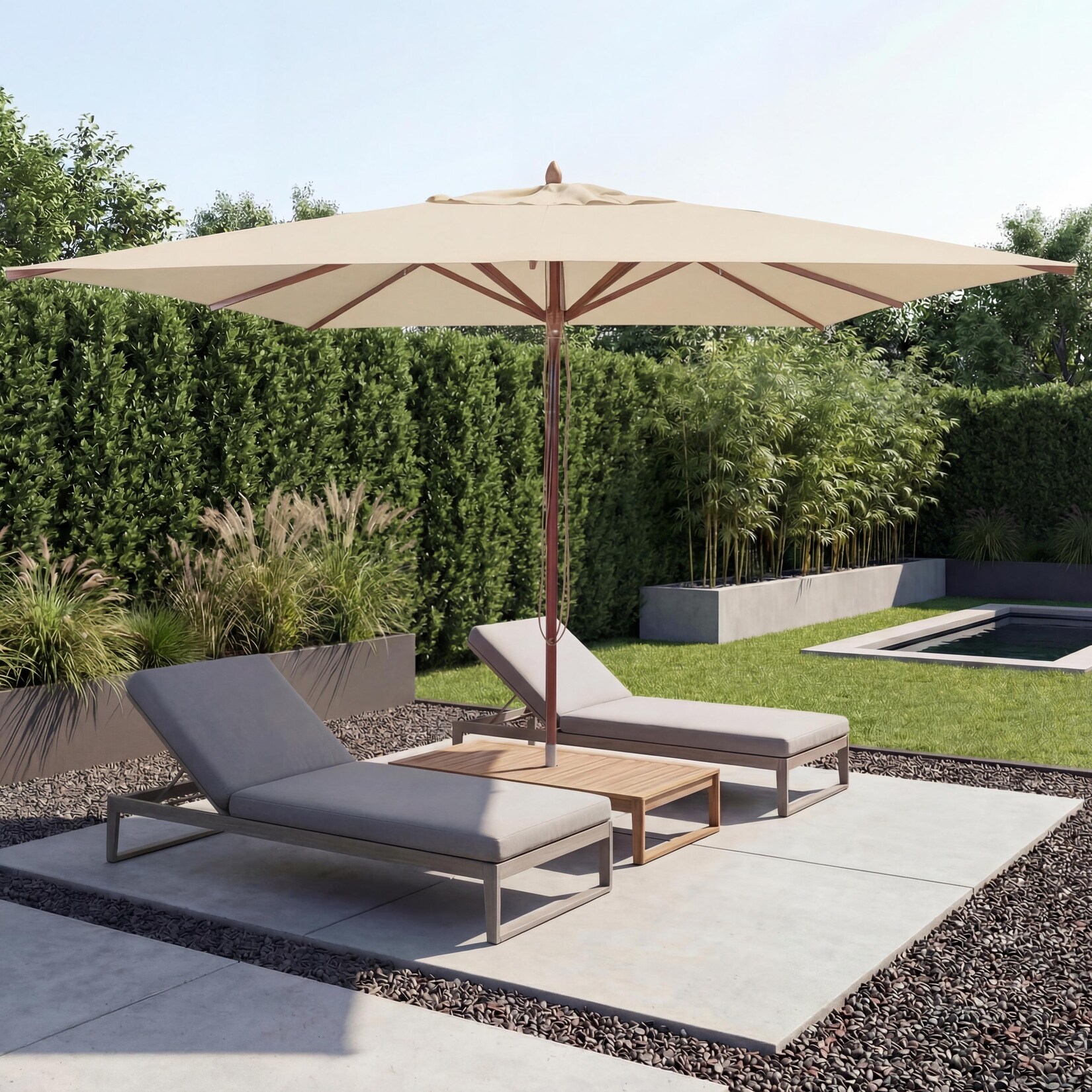 Gastronomie Holz-Sonnenschirm -C57b, Gartenschirm, Polyester/Holz , eckig 4x4m Seilzug stoßsicher ~ creme