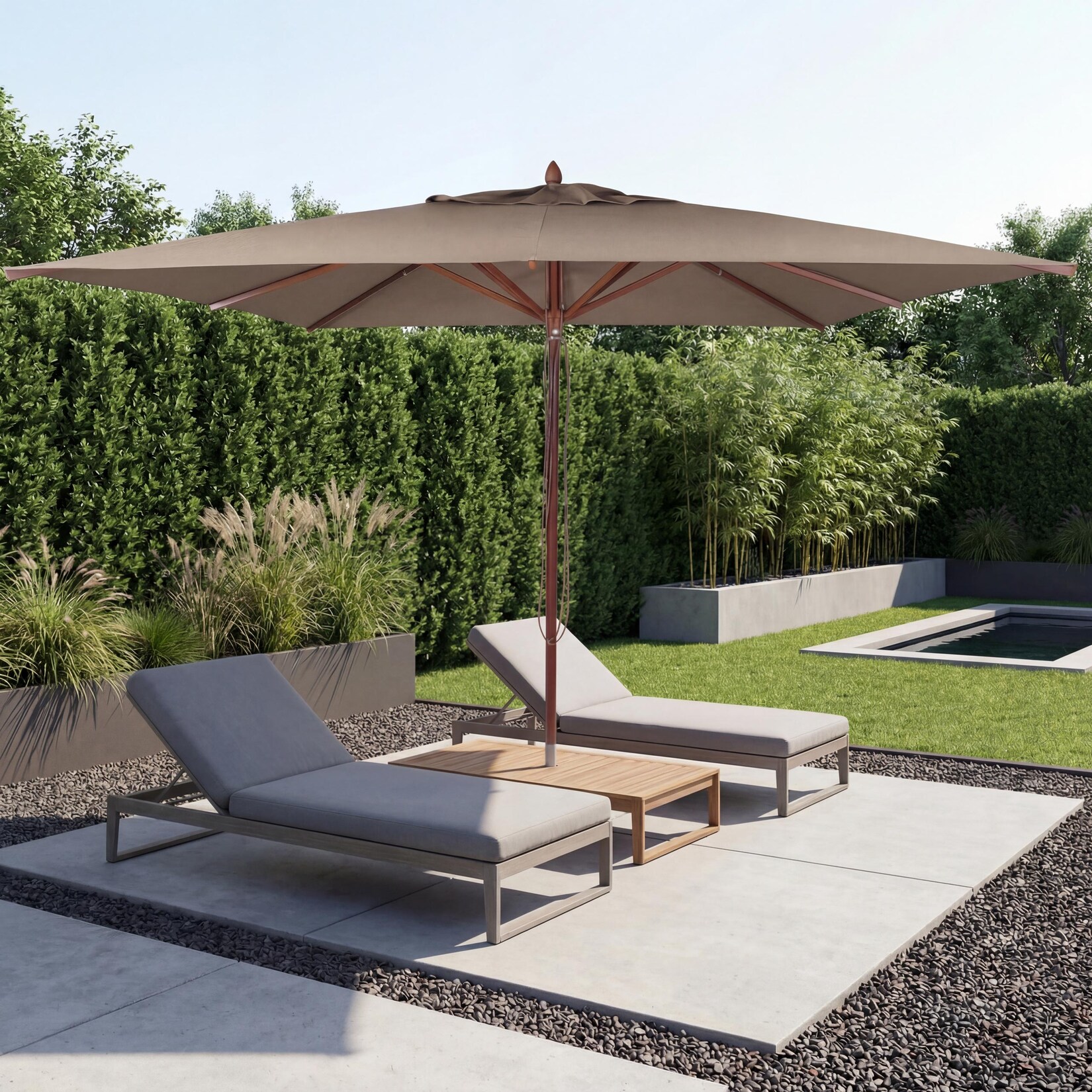 Gastronomie Holz-Sonnenschirm -C57b, Gartenschirm, Polyester/Holz , eckig 4x4m Seilzug stoßsicher ~ taupe