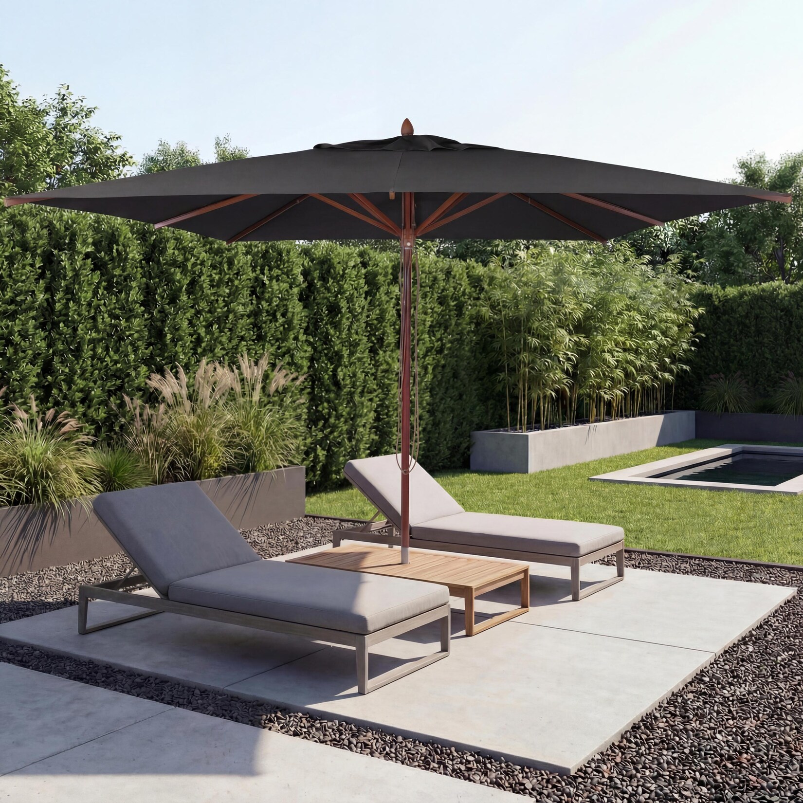 Gastronomie Holz-Sonnenschirm -C57b, Gartenschirm, Polyester/Holz , eckig 4x4m Seilzug stoßsicher ~ anthrazit