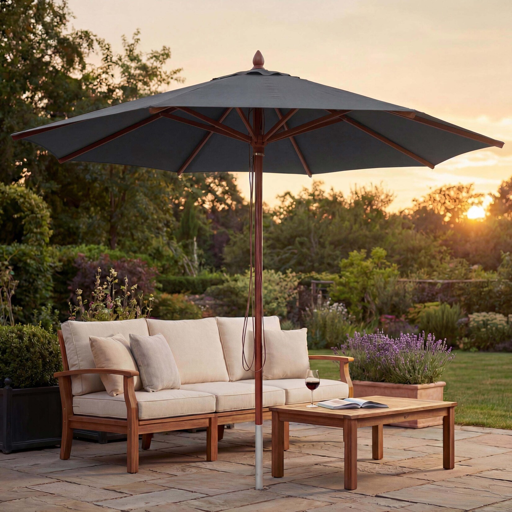 Gastronomie Holz-Sonnenschirm -C57b, Gartenschirm, Polyester/Holz , rund Ø4m Seilzug stoßsicher ~ anthrazit