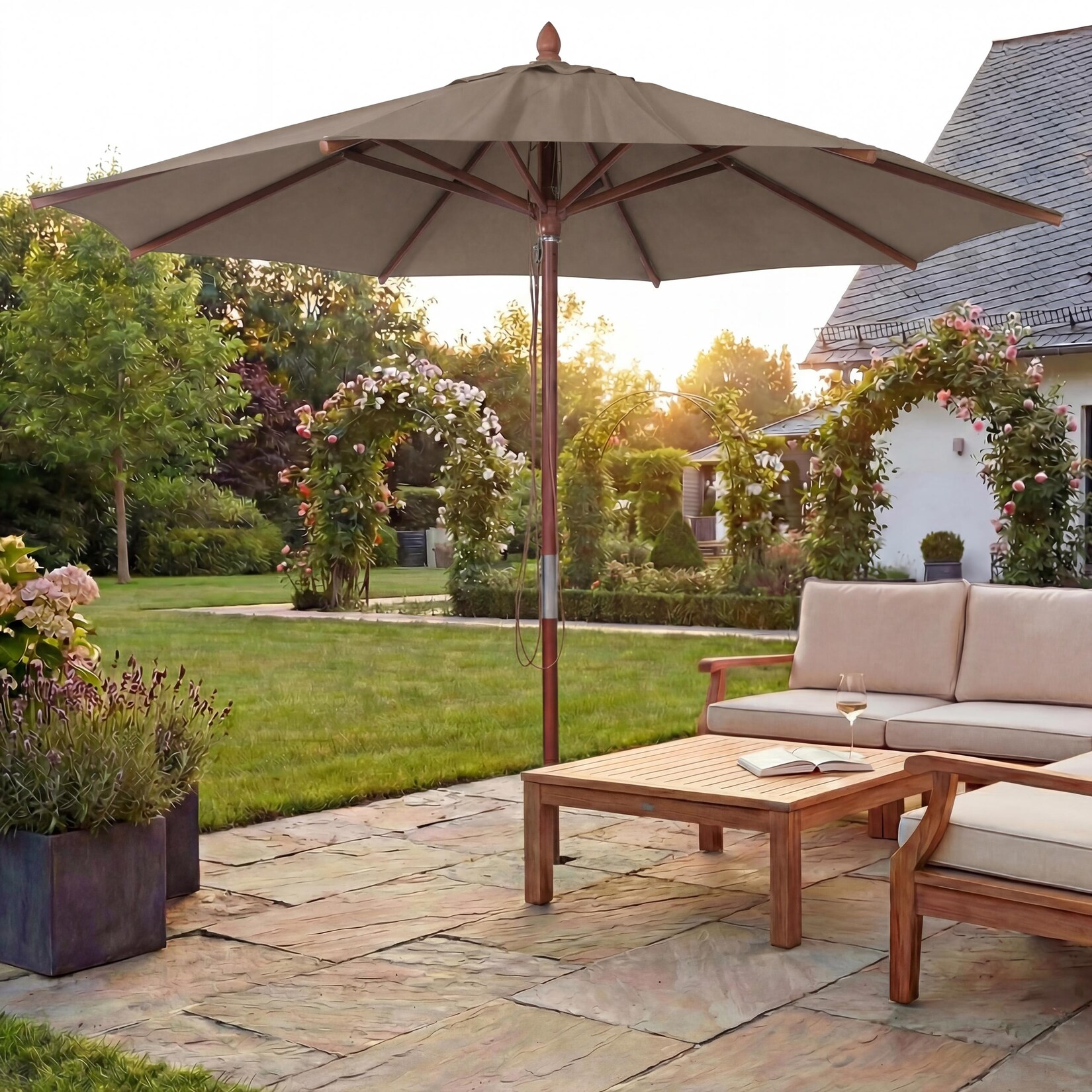 Gastronomie Holz-Sonnenschirm -C57b, Gartenschirm, Polyester/Holz , rund Ø3m Seilzug stoßsicher ~ taupe
