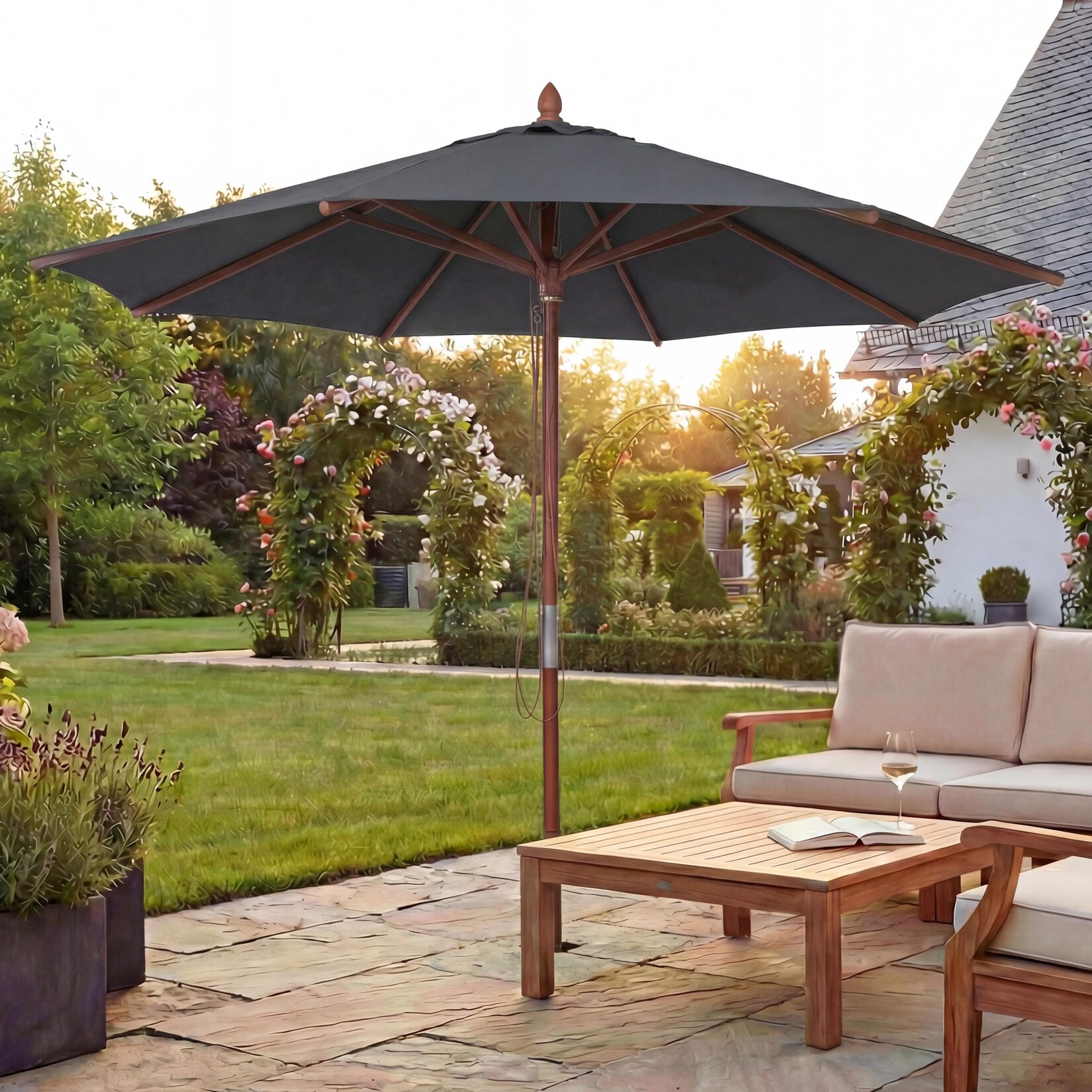 Gastronomie Holz-Sonnenschirm -C57b, Gartenschirm, Polyester/Holz , rund Ø3m Seilzug stoßsicher ~ anthrazit