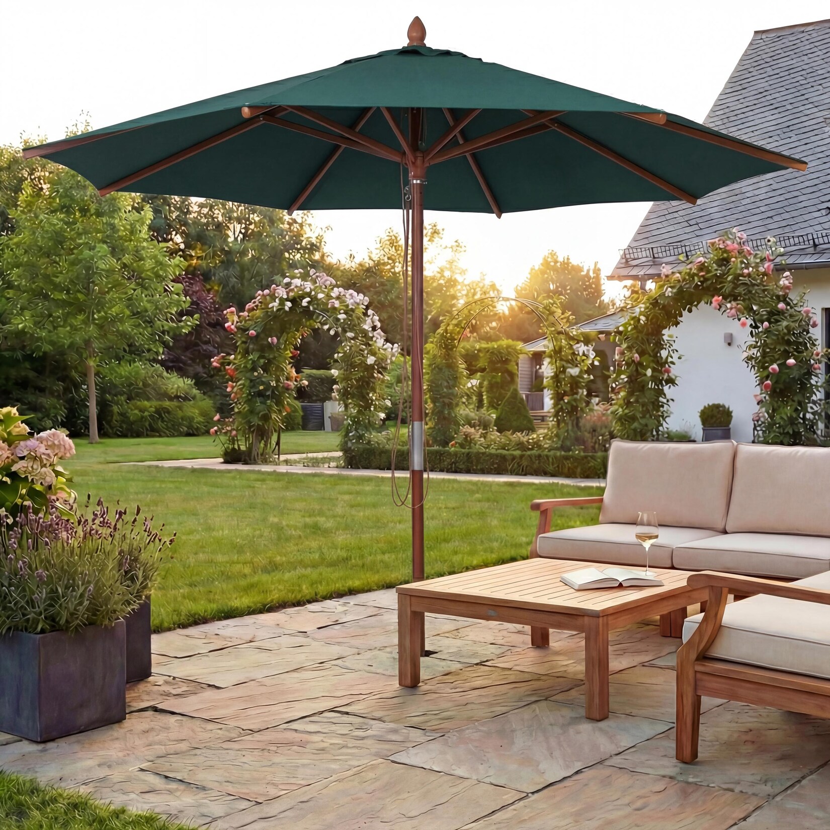 Gastronomie Holz-Sonnenschirm -C57b, Gartenschirm, Polyester/Holz , rund Ø3m Seilzug stoßsicher ~ dunkelgrün