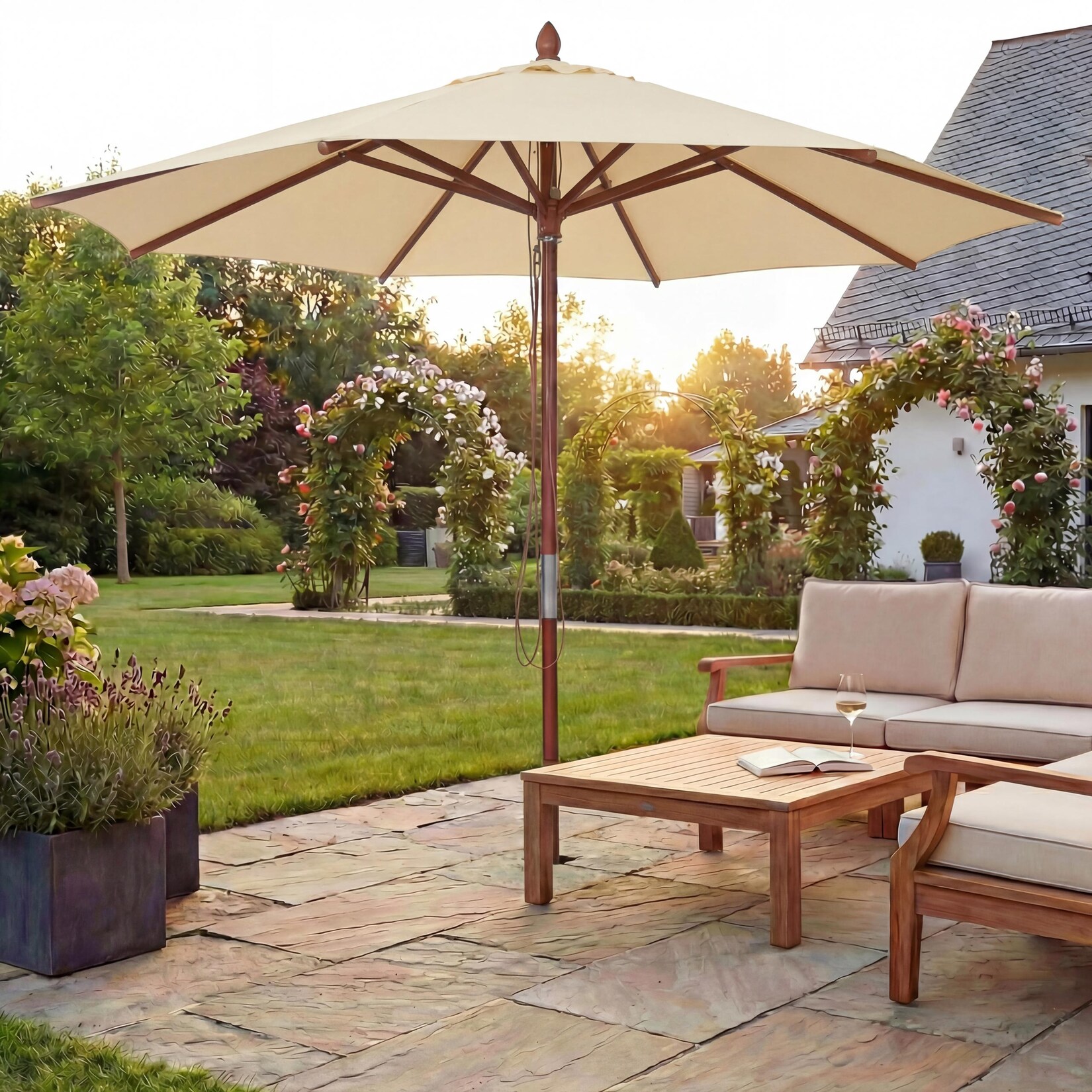 Gastronomie Holz-Sonnenschirm -C57b, Gartenschirm, Polyester/Holz , rund Ø3m Seilzug stoßsicher ~ creme