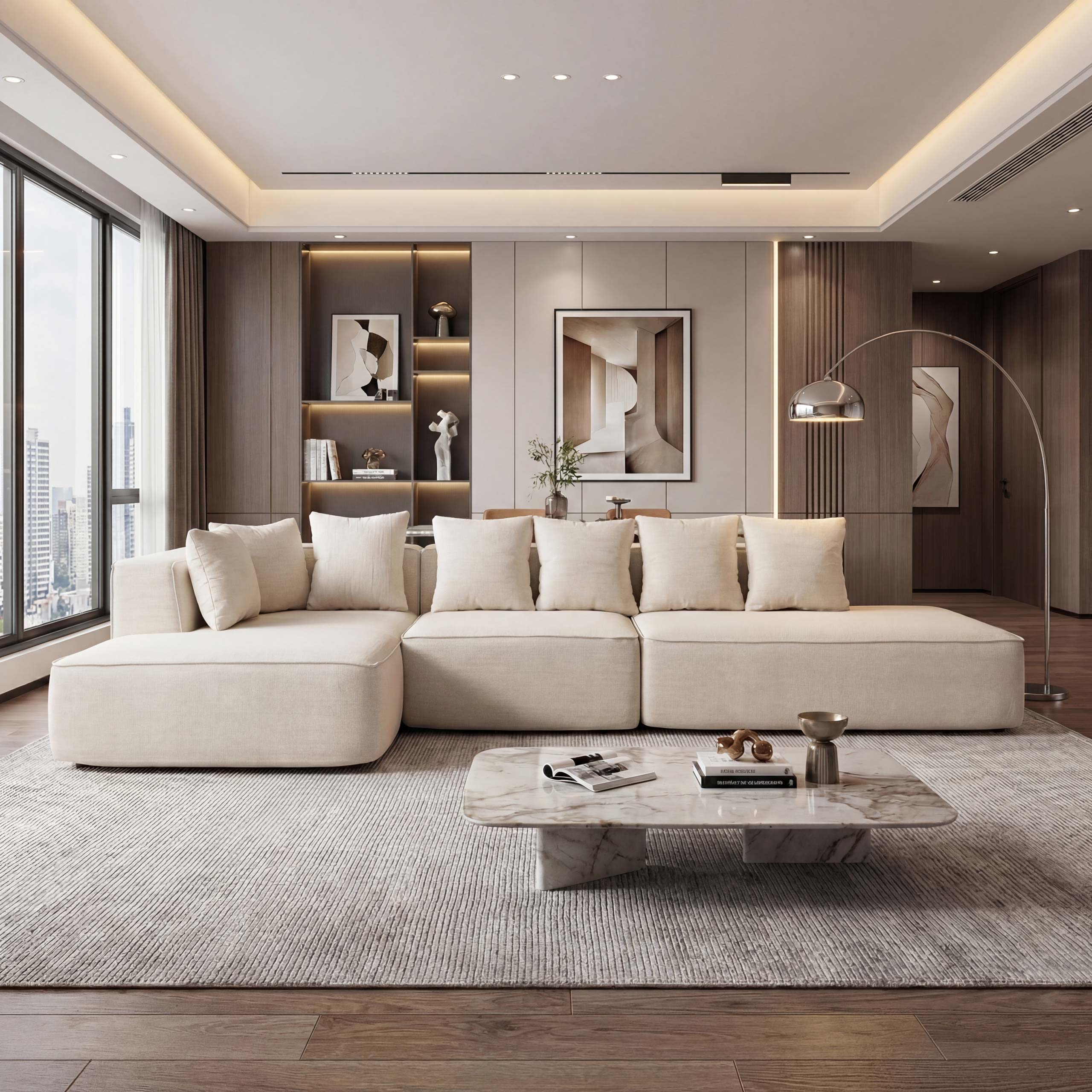 Sofa-Garnitur MCW-Q28, L-Sofa Couch Loungesofa, Stoff Chenille (270 g/m&sup2;) Liegefl&auml;che links 60x310x150cm ~ creme 