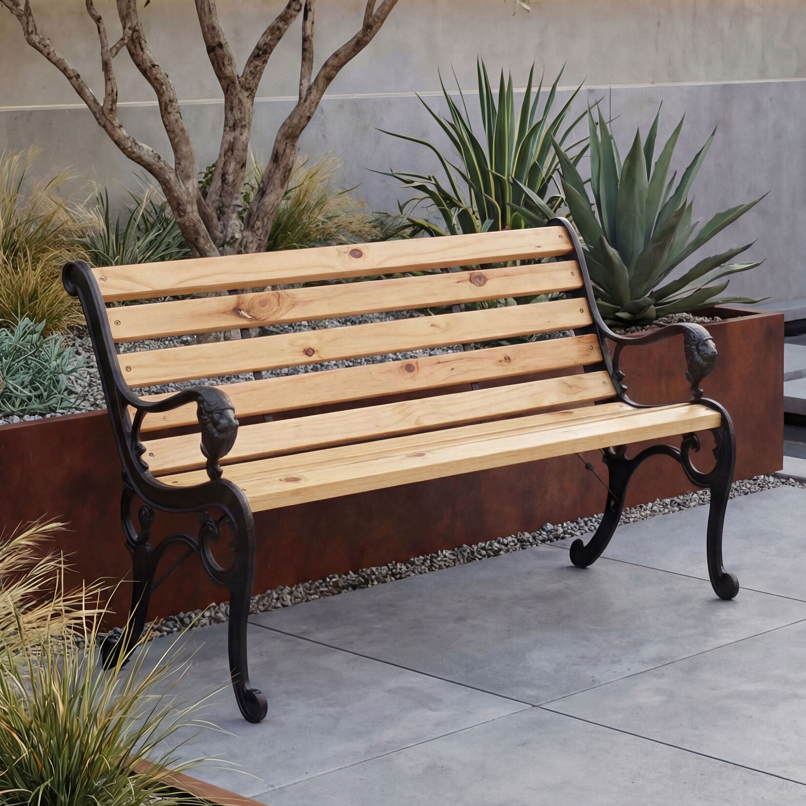 Gartenbank -O25, Sitzbank Parkbank Holzbank 2-Sitzer, Gusseisen Holz Kiefer, 132cm ~ natur