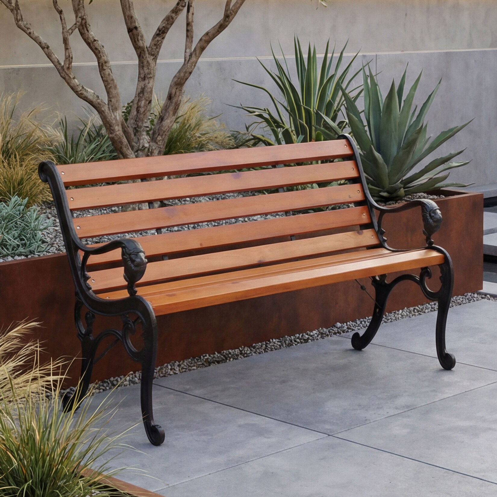 Gartenbank -O25, Sitzbank Parkbank Holzbank 2-Sitzer, Gusseisen Holz Kiefer, 132cm ~ teak