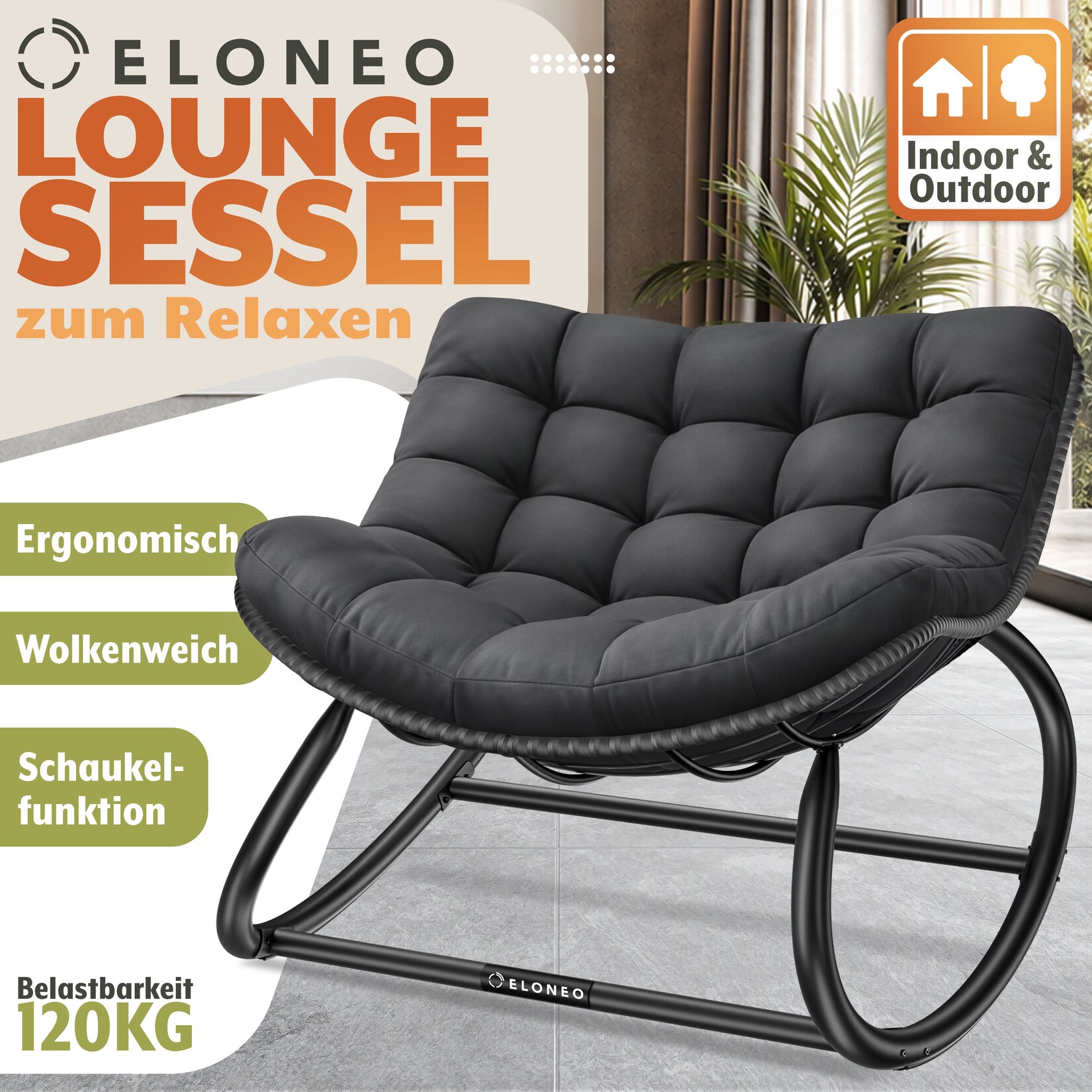 ELONEO Schaukelstuhl Outdoor XXL, ergonomischer Schaukelsessel mit Premium Sitzpolster für drinnen & draußen, Balkonsessel, wetterfester Loungesessel Outdoor, rutschfest, bis , Schwarz, ohne Hocker
