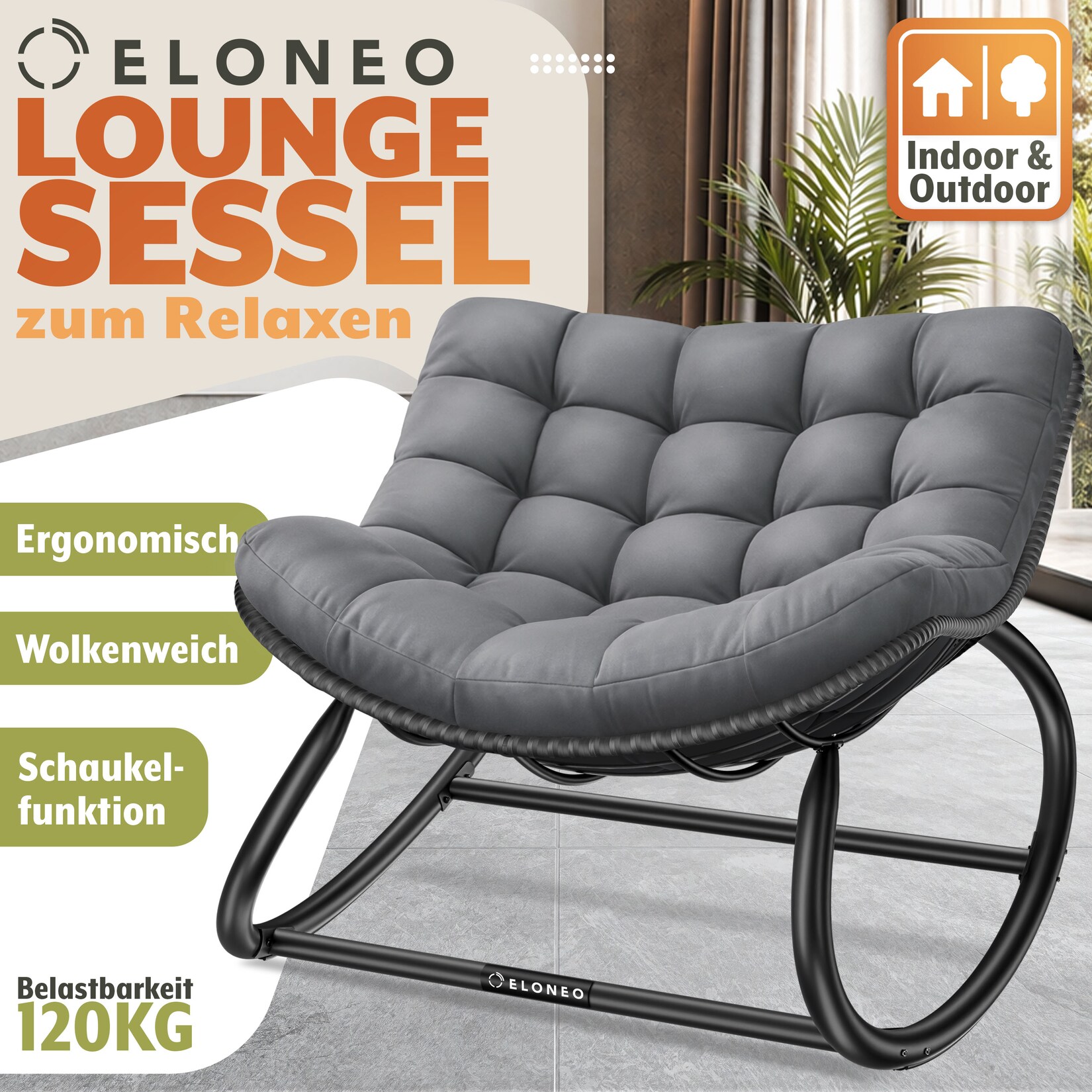 ELONEO Schaukelstuhl Outdoor XXL, ergonomischer Schaukelsessel mit Premium Sitzpolster für drinnen & draußen, Balkonsessel, wetterfester Loungesessel Outdoor, rutschfest, bis , Grau, ohne Hocker