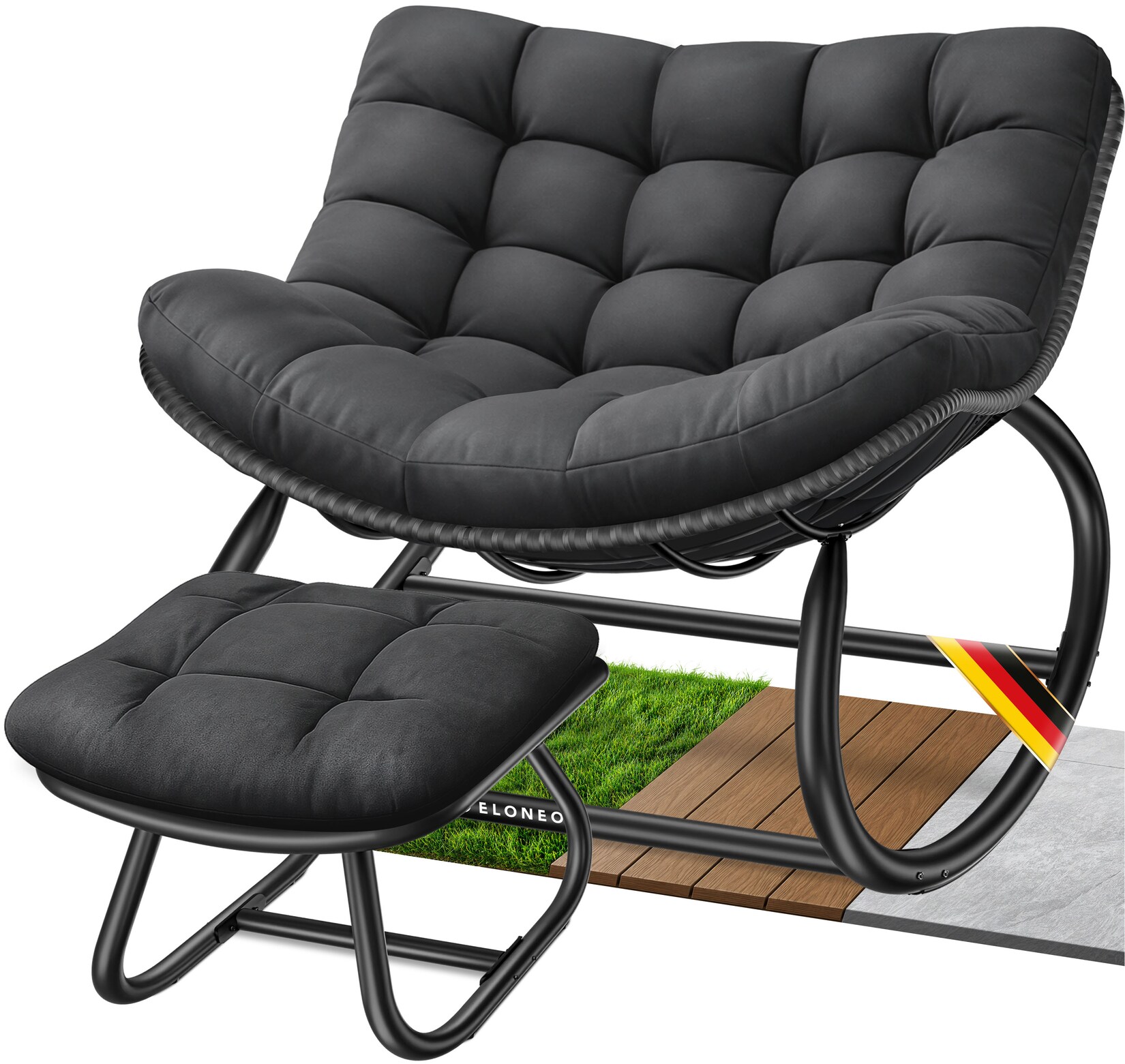 ELONEO Schaukelstuhl Outdoor XXL, ergonomischer Schaukelsessel mit Premium Sitzpolster für drinnen & draußen, Balkonsessel, wetterfester Loungesessel Outdoor, rutschfest, bis , Schwarz, mit Hocker