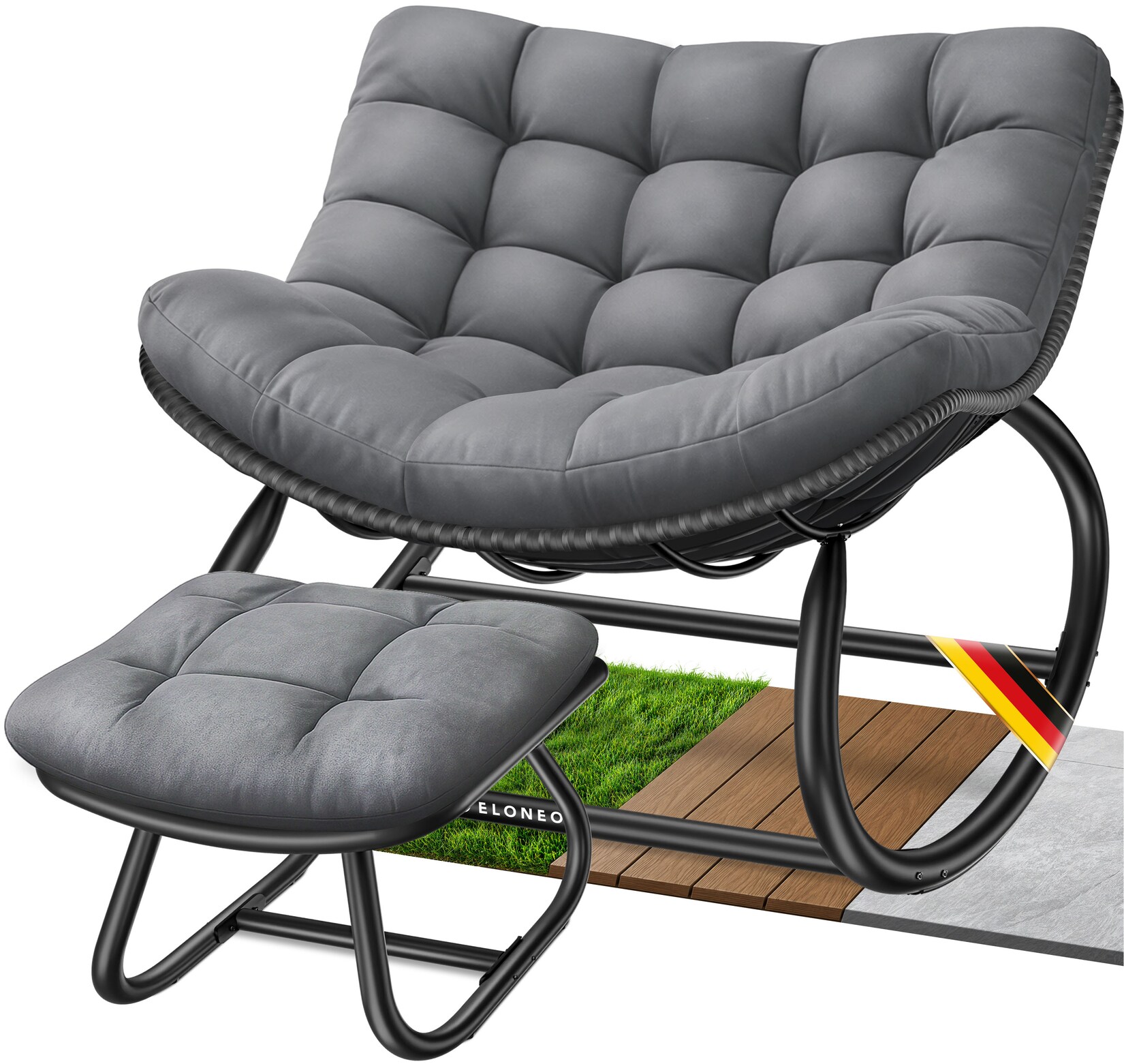 ELONEO Schaukelstuhl Outdoor XXL, ergonomischer Schaukelsessel mit Premium Sitzpolster für drinnen & draußen, Balkonsessel, wetterfester Loungesessel Outdoor, rutschfest, bis , Grau, mit Hocker