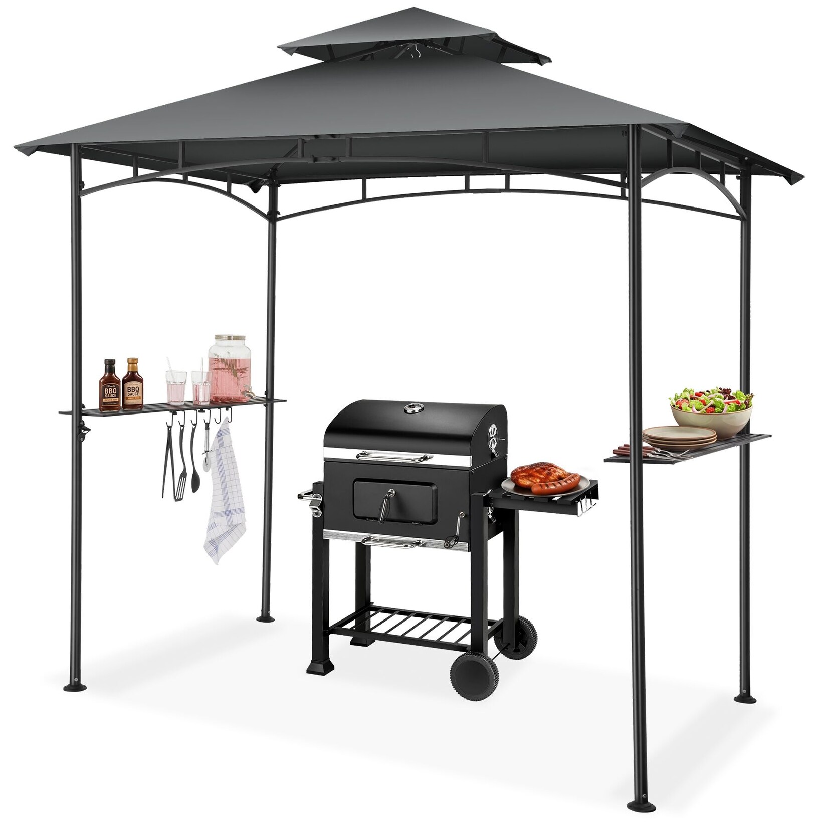 tectake® Grillpavillon, wetterfest mit UV-Schutz, seitliche Gitterablagen und 6 Haken, 240 x 150 x 250 cm