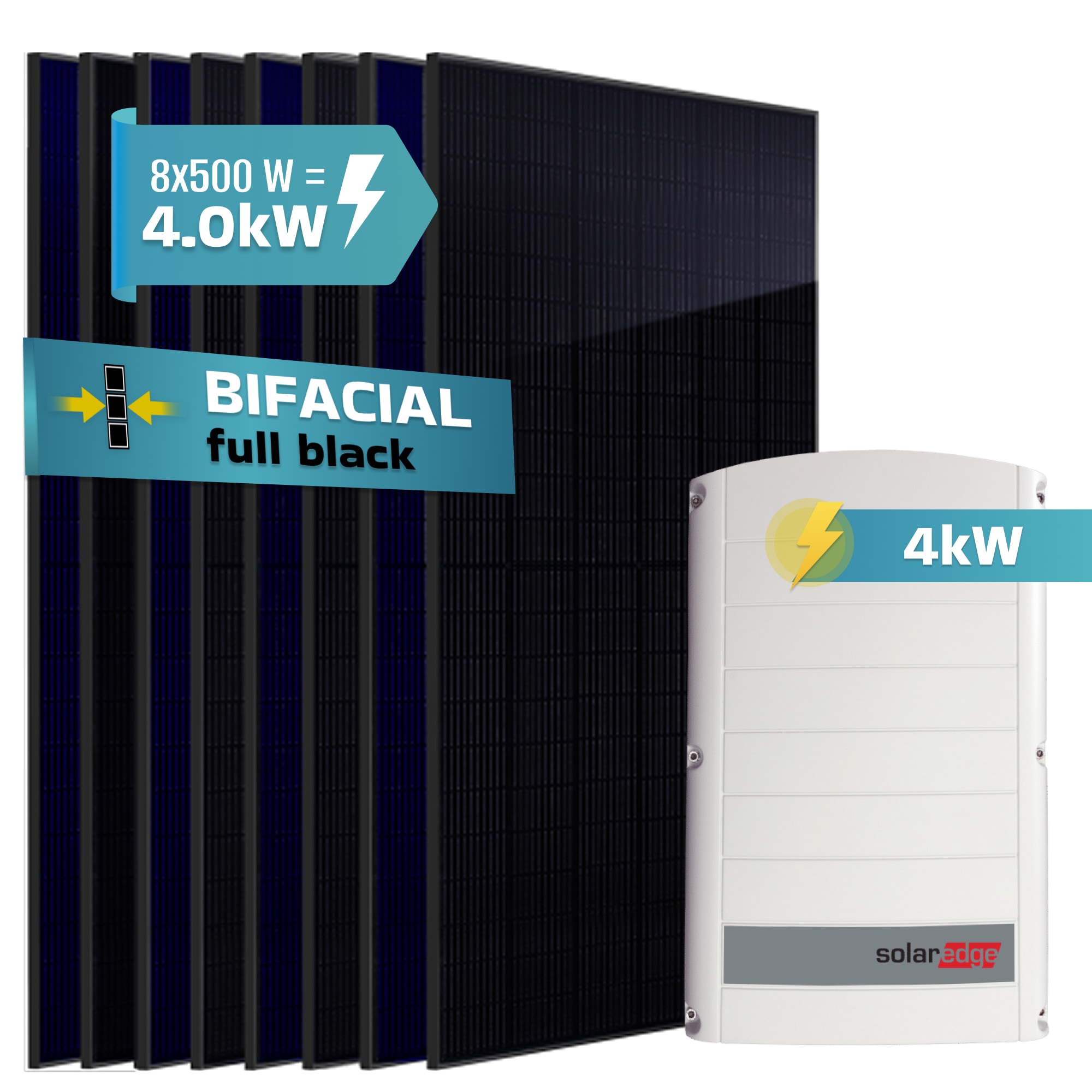 SUNNIVA&reg; 4.0 kW Solaranlage, 8x 500 W Solarmodule Fullblack Bifacial, Wechselrichter SolarEdge SE4K (3-phasig) 