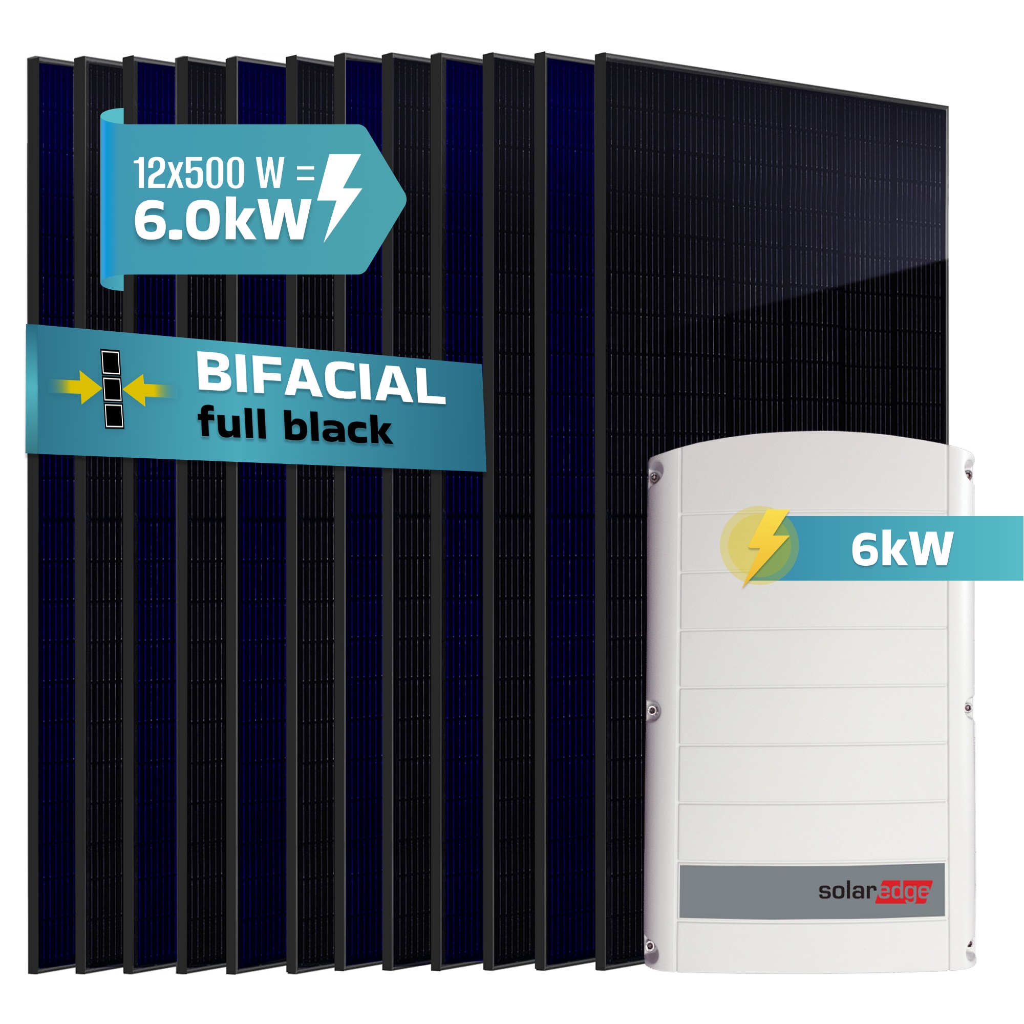 SUNNIVA&reg; 6.0 kW Solaranlage, 12x 500 W Solarmodule Fullblack Bifacial, Wechselrichter SolarEdge SE6K (3-phasig) 