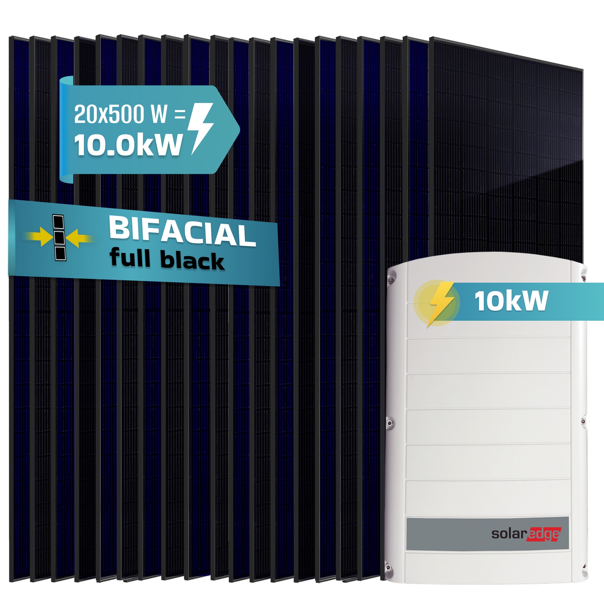 SUNNIVA&reg; 10.0 kW Solaranlage, 20x 500 W Solarmodule Fullblack Bifacial, Wechselrichter SolarEdge SE10K (3-phasig) 