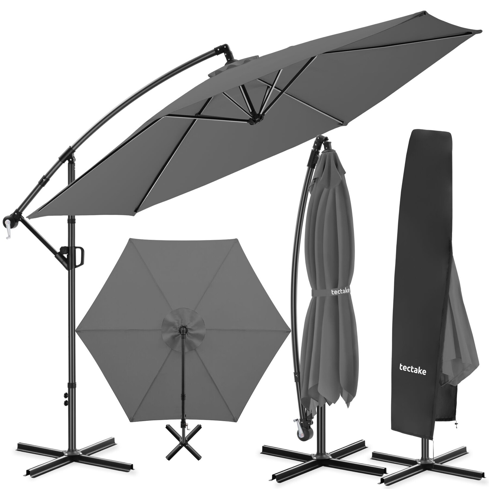 tectake® Ampelschirm, 3,5 x 3,5 m, 360° drehbar, Kurbelmechanismus, inkl. Schutzhülle
