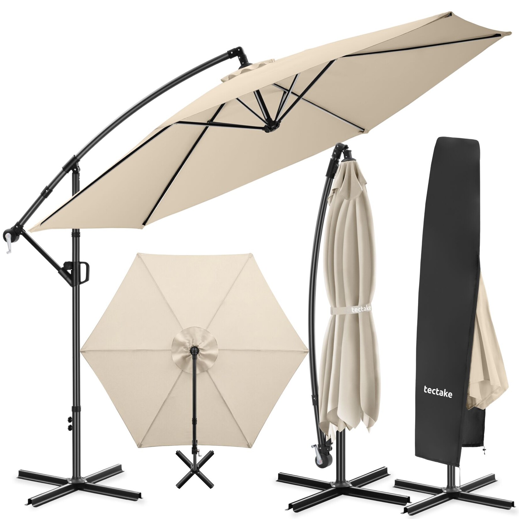 tectake® Ampelschirm, 3,5 x 3,5 m, 360° drehbar, Kurbelmechanismus, inkl. Schutzhülle